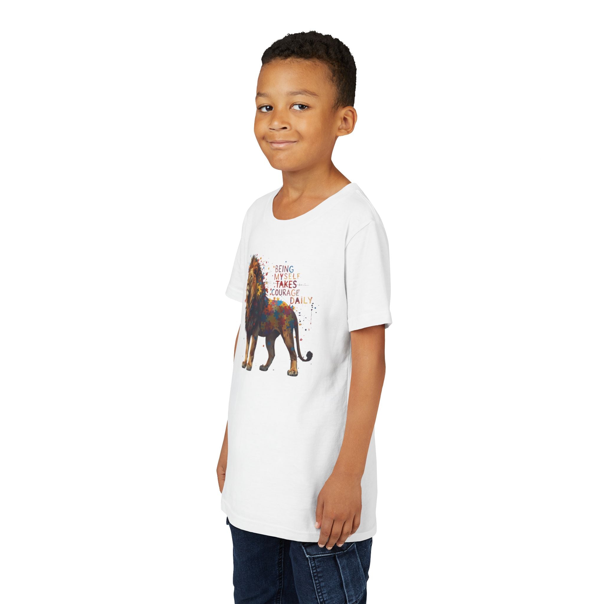 Youth Tee — Colorful Lion "Being Brave Takes Courage" Inspirational Kids Shirt