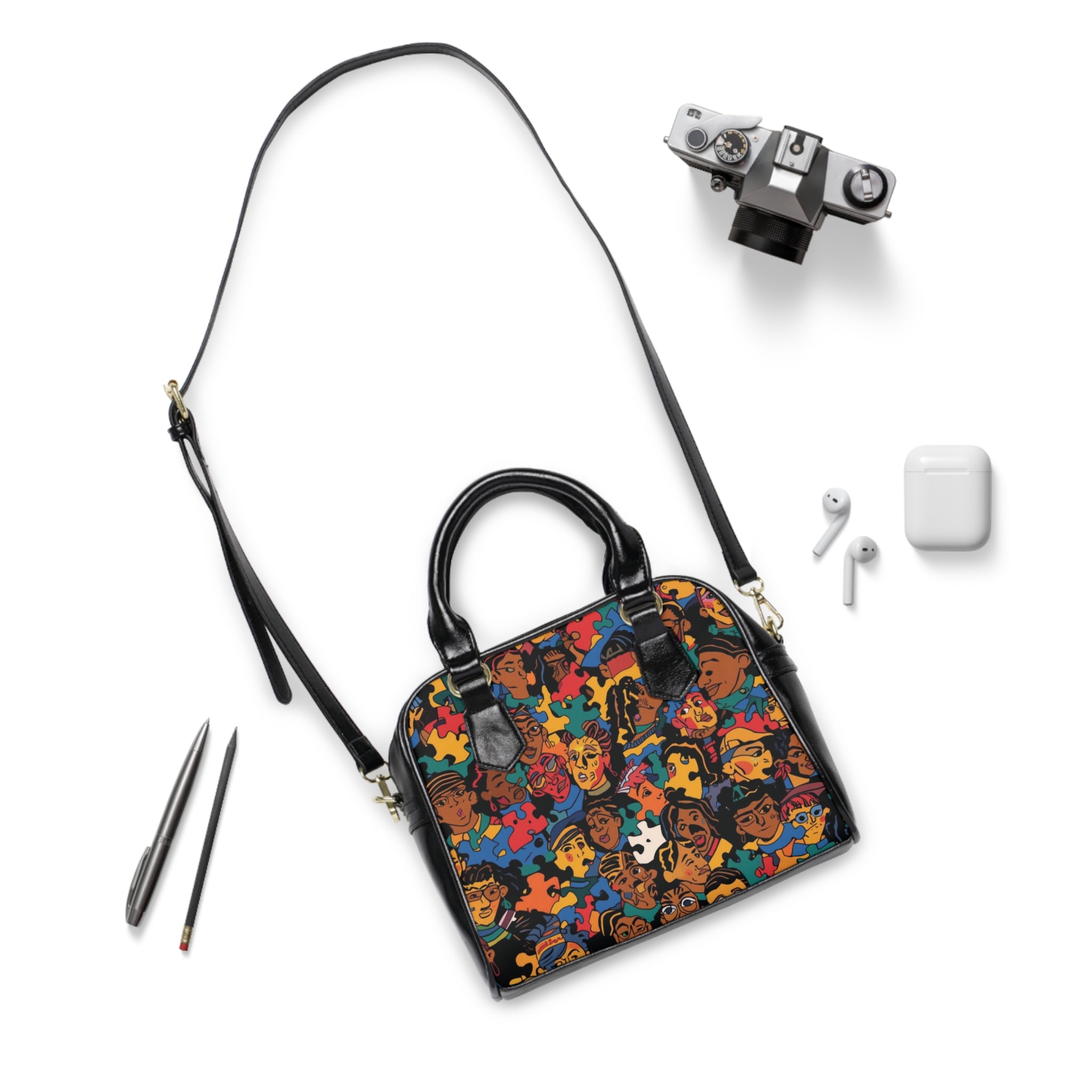 Shoulder Handbag — Colorful Faces & Puzzle Pattern Shoulder Handbag