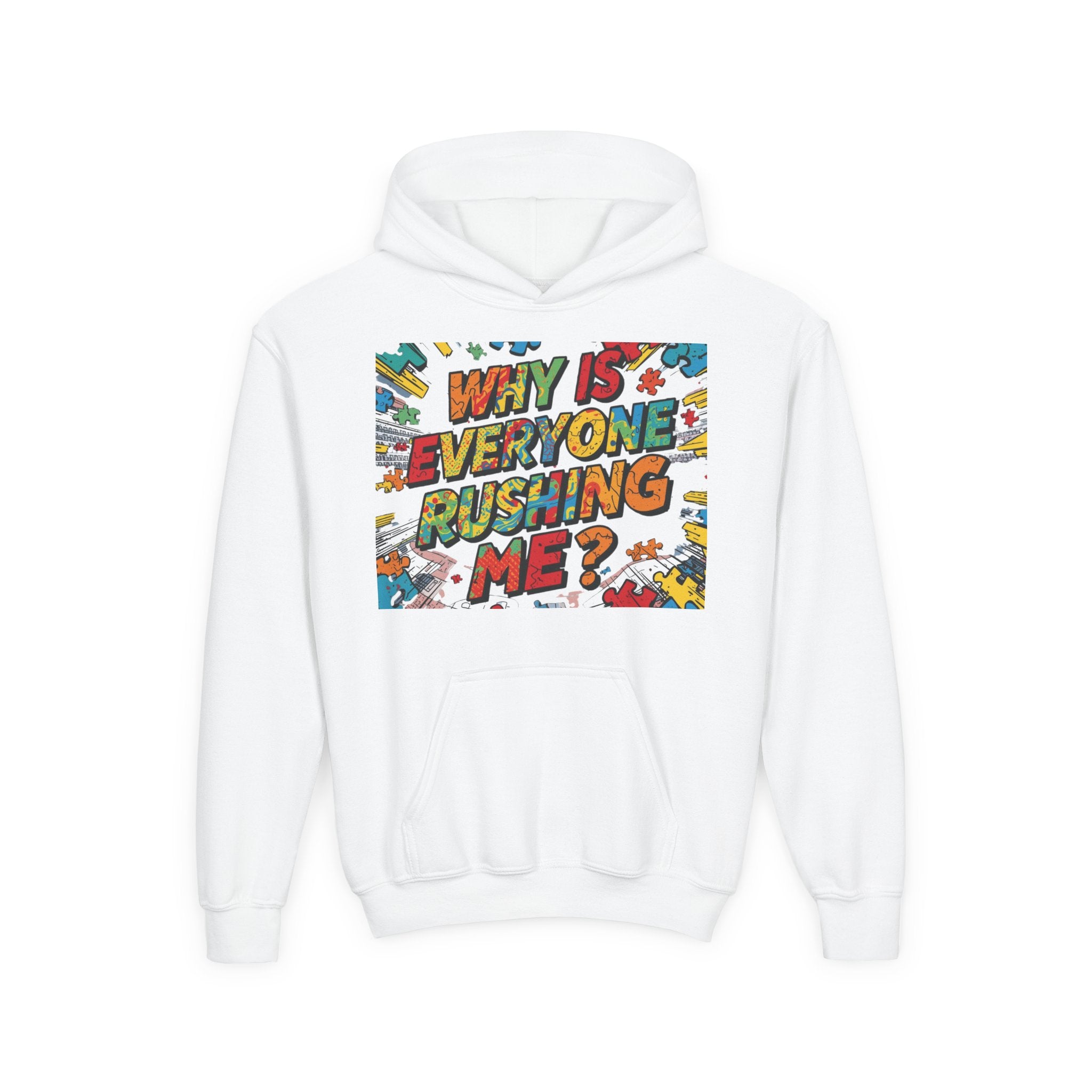 Youth Hoodie — "Why Is Everyone Rushing Me?" Colorful Comic Graphic
