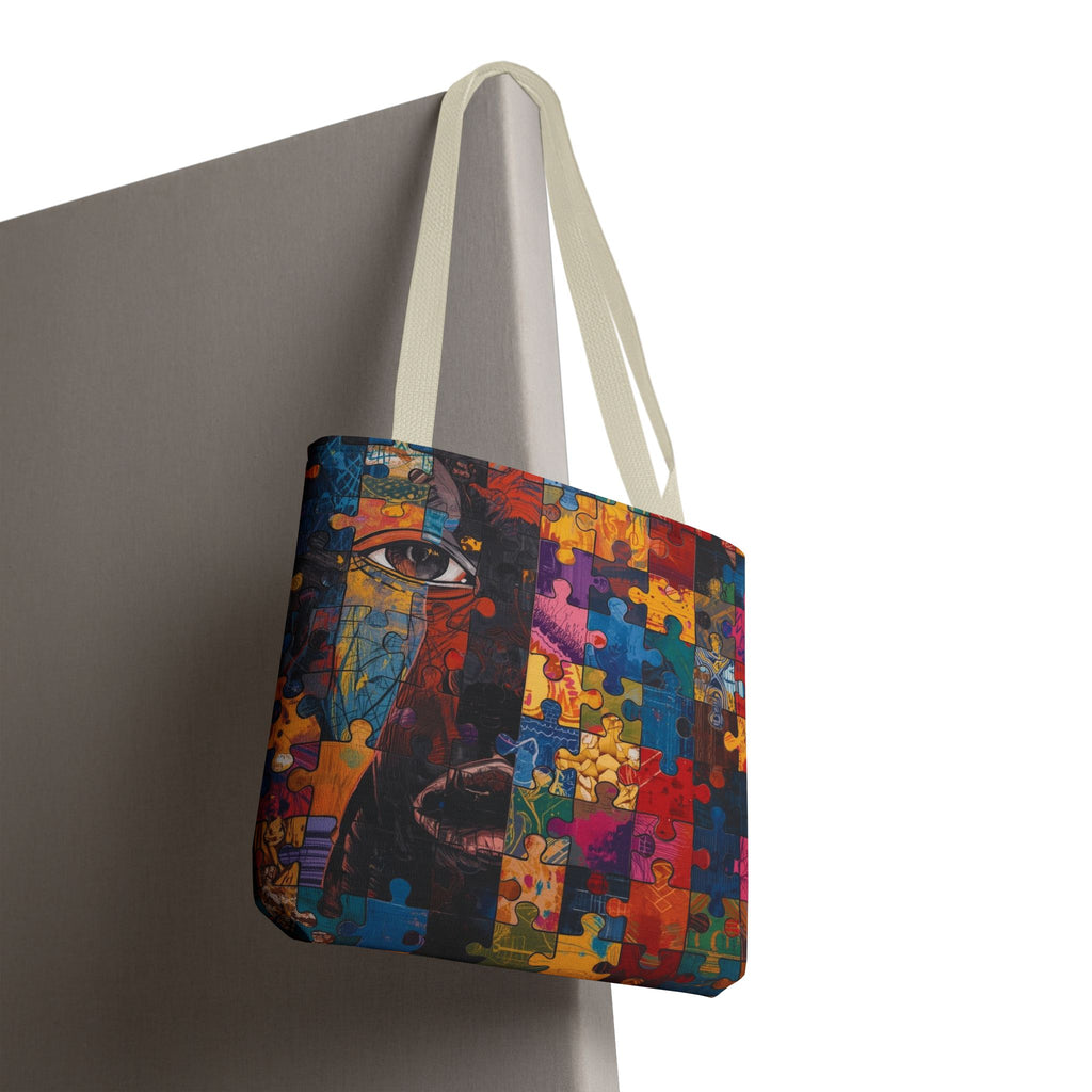 Colorful Puzzle Face Tote Bag — Abstract Art All-Over Print
