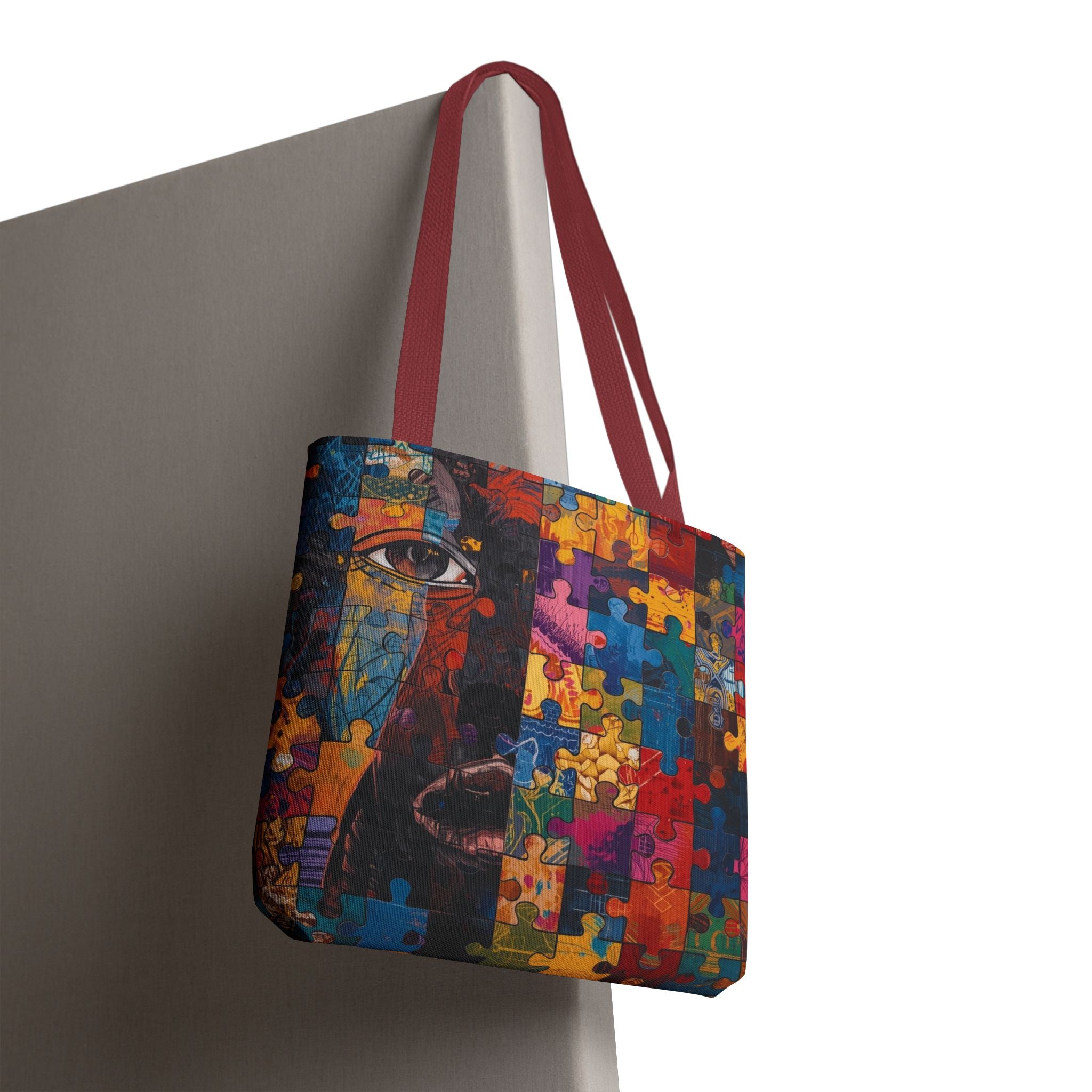 Colorful Puzzle Face Tote Bag — Abstract Art All-Over Print
