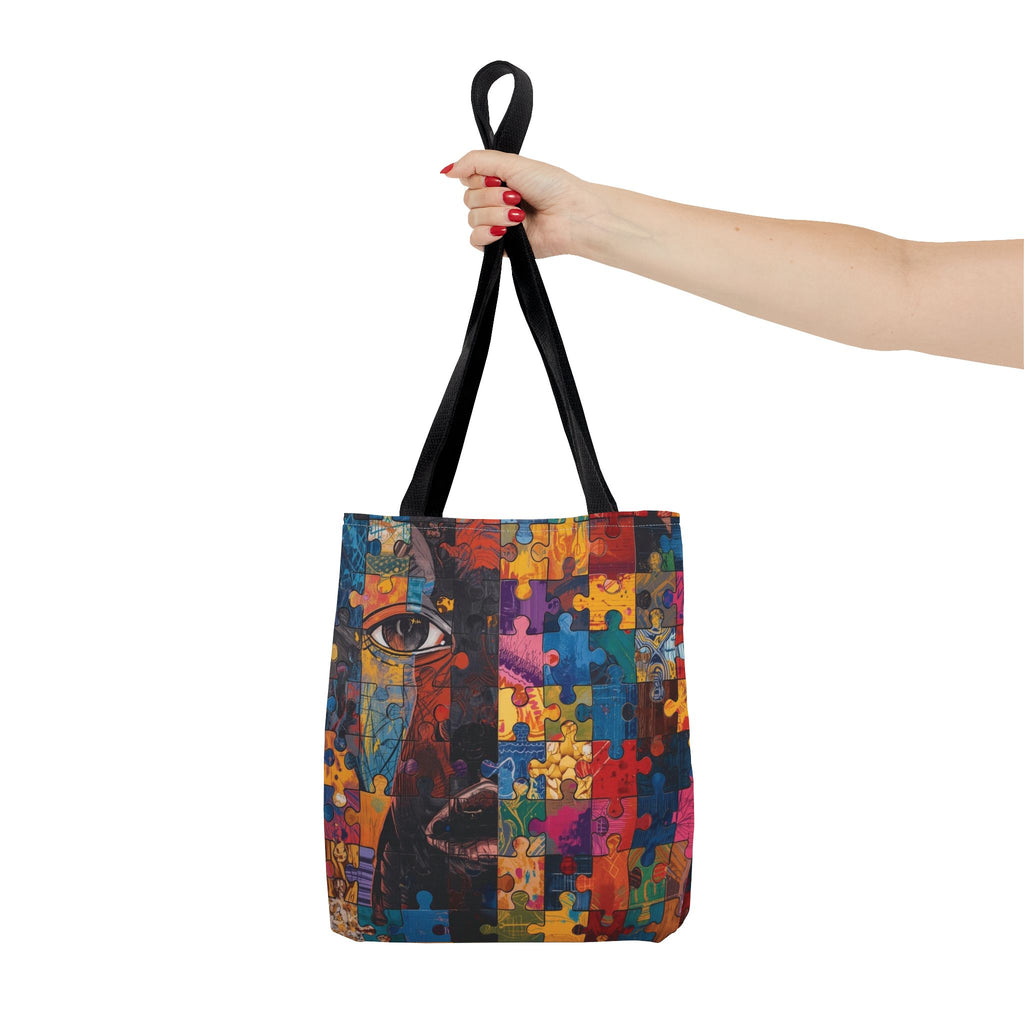 Colorful Puzzle Face Tote Bag — Abstract Art All-Over Print