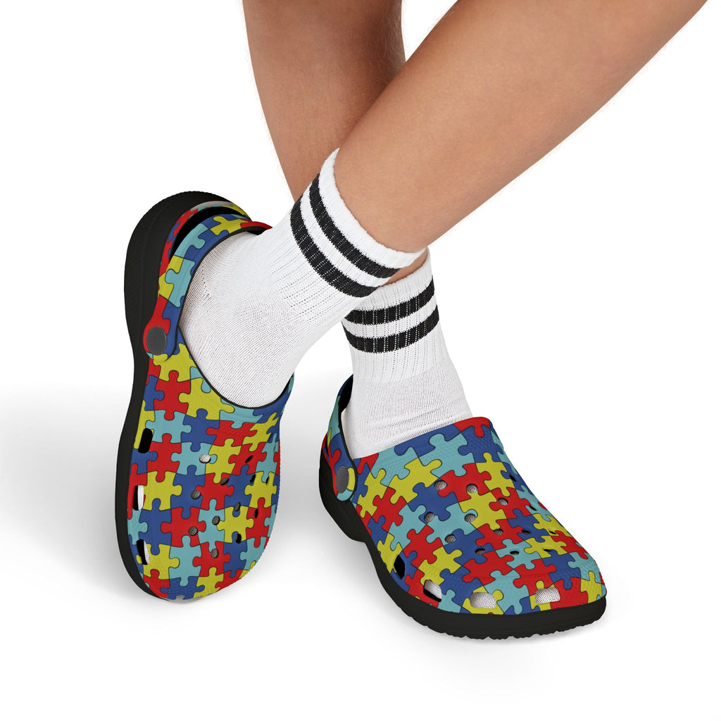 Kids Puzzle Print Foam Clogs — Colorful Autism Awareness Slip-Ons