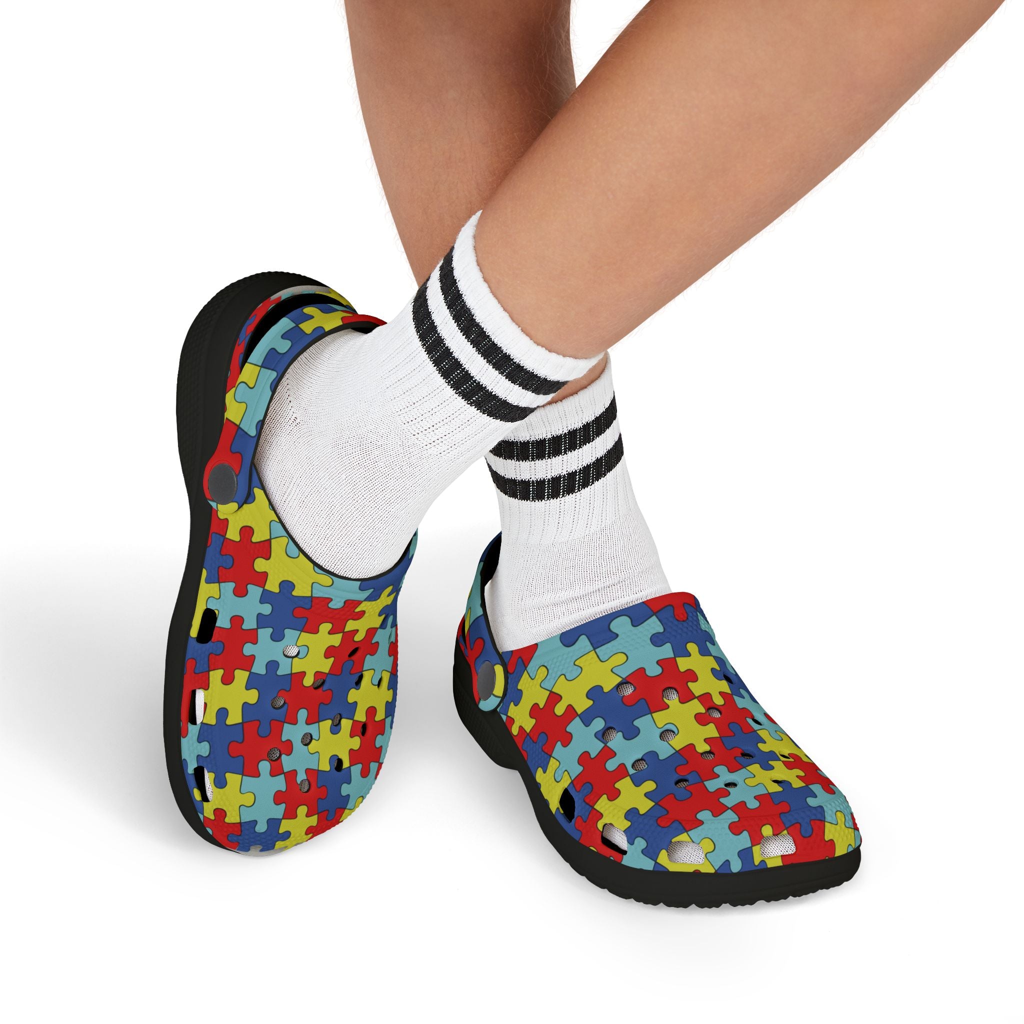 Kids Puzzle Print Foam Clogs — Colorful Autism Awareness Slip-Ons