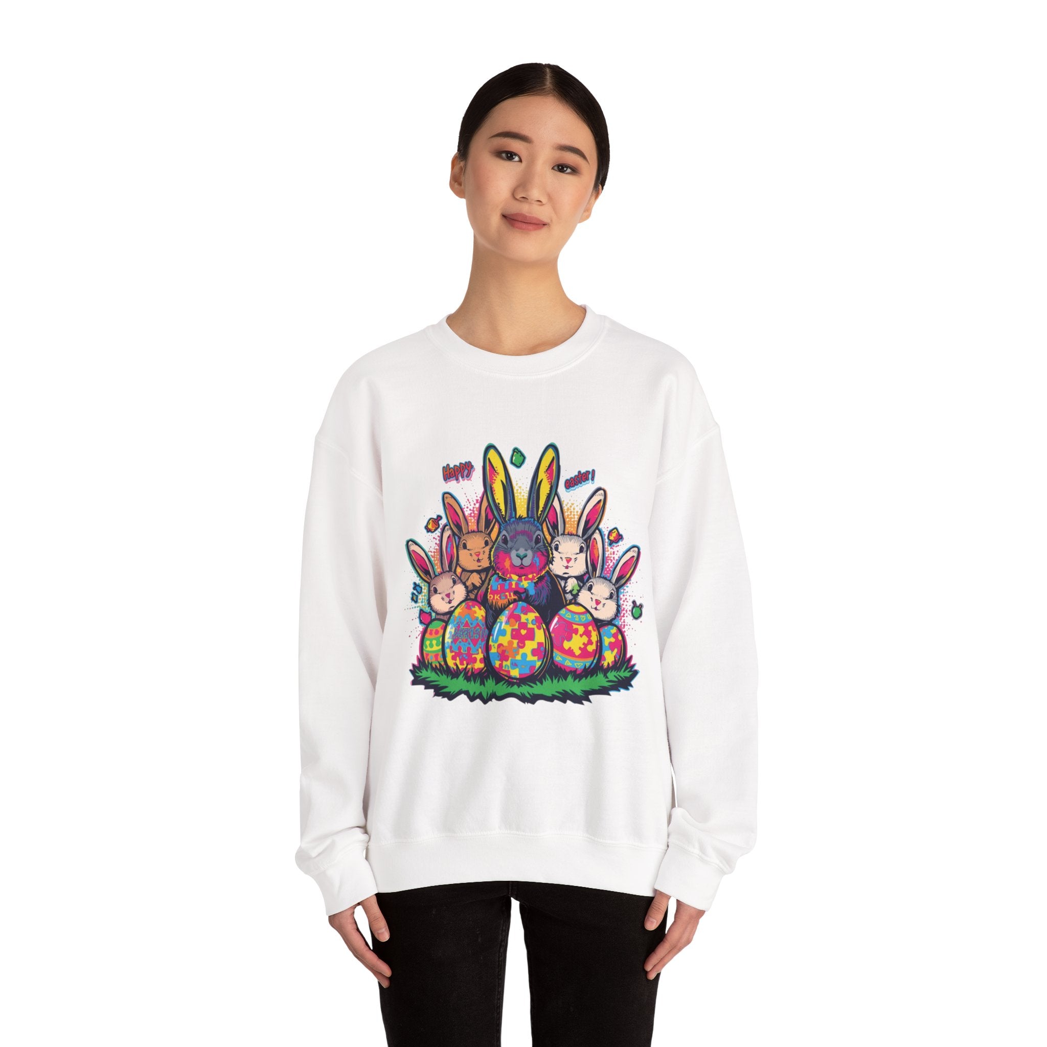 Easter Meets Autism Crewneck Sweatshirt — Colorful Bunnies & Painted Eggs Design