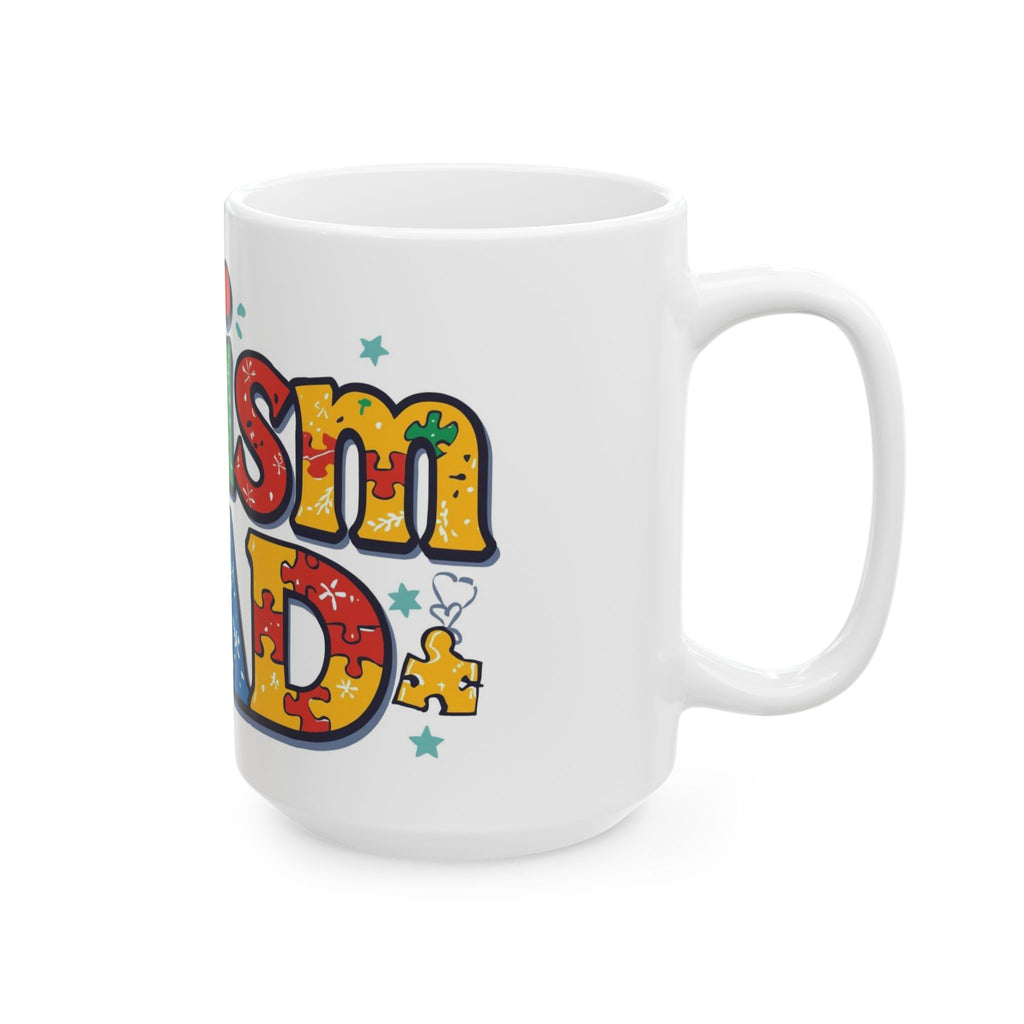Autism Dad Ceramic Mug — Colorful Puzzle Piece Support Coffee Cup (11oz/15oz)