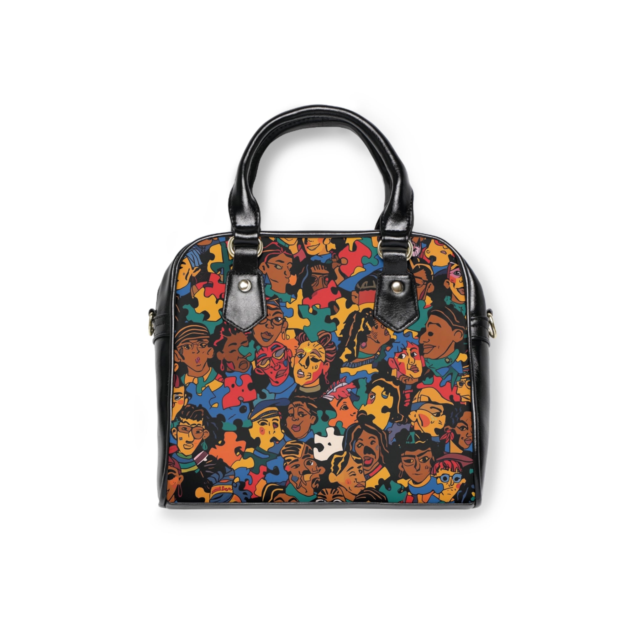Shoulder Handbag — Colorful Faces & Puzzle Pattern Shoulder Handbag