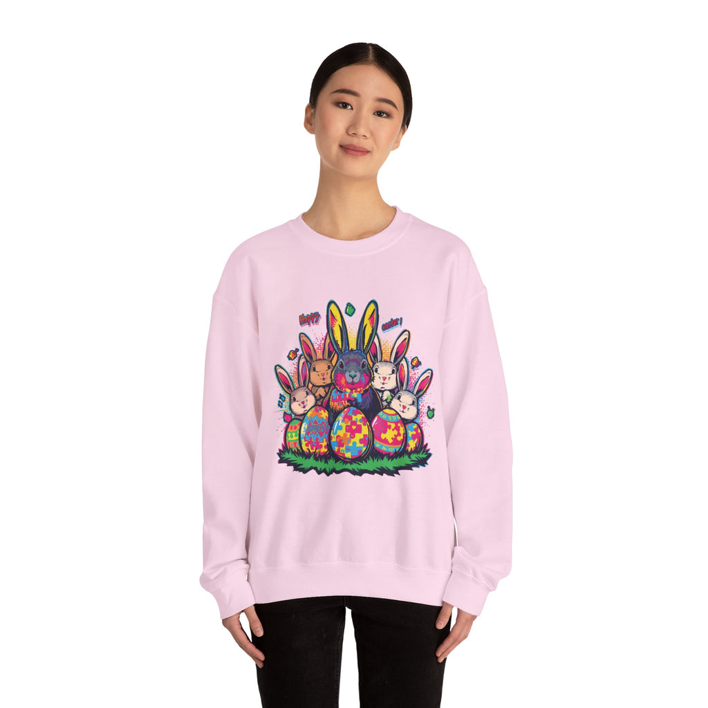 Easter Meets Autism Crewneck Sweatshirt — Colorful Bunnies & Painted Eggs Design
