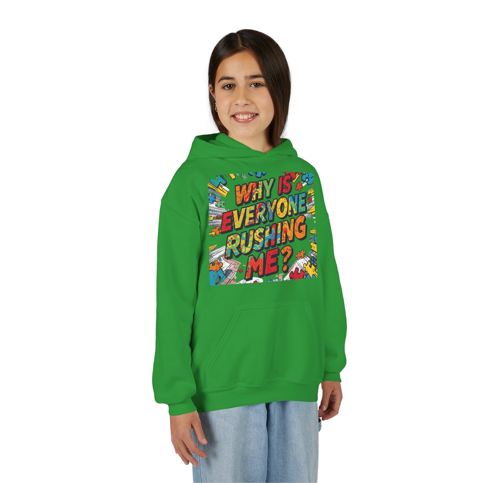 Youth Hoodie — "Why Is Everyone Rushing Me?" Colorful Comic Graphic