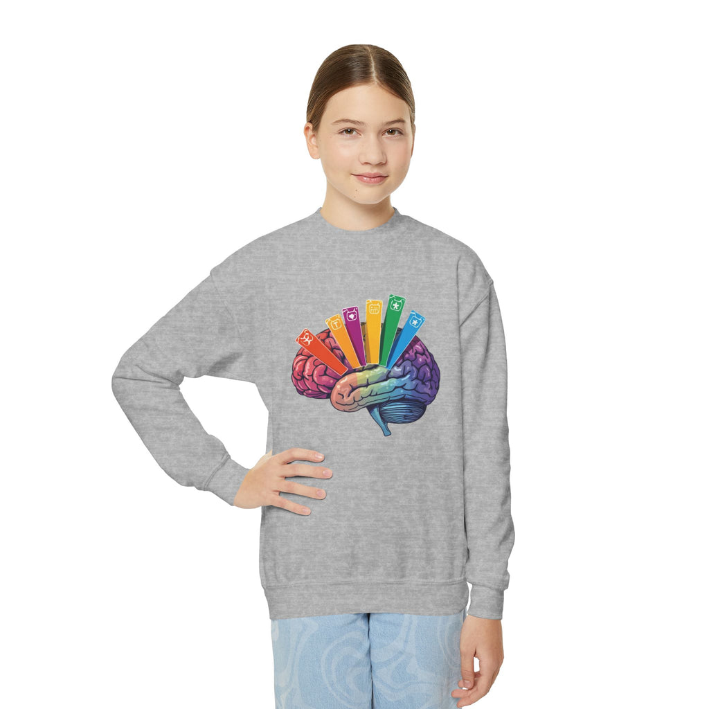 Youth Crewneck Sweatshirt — Autism Brain Graphic “Brain running on multiple open tabs”