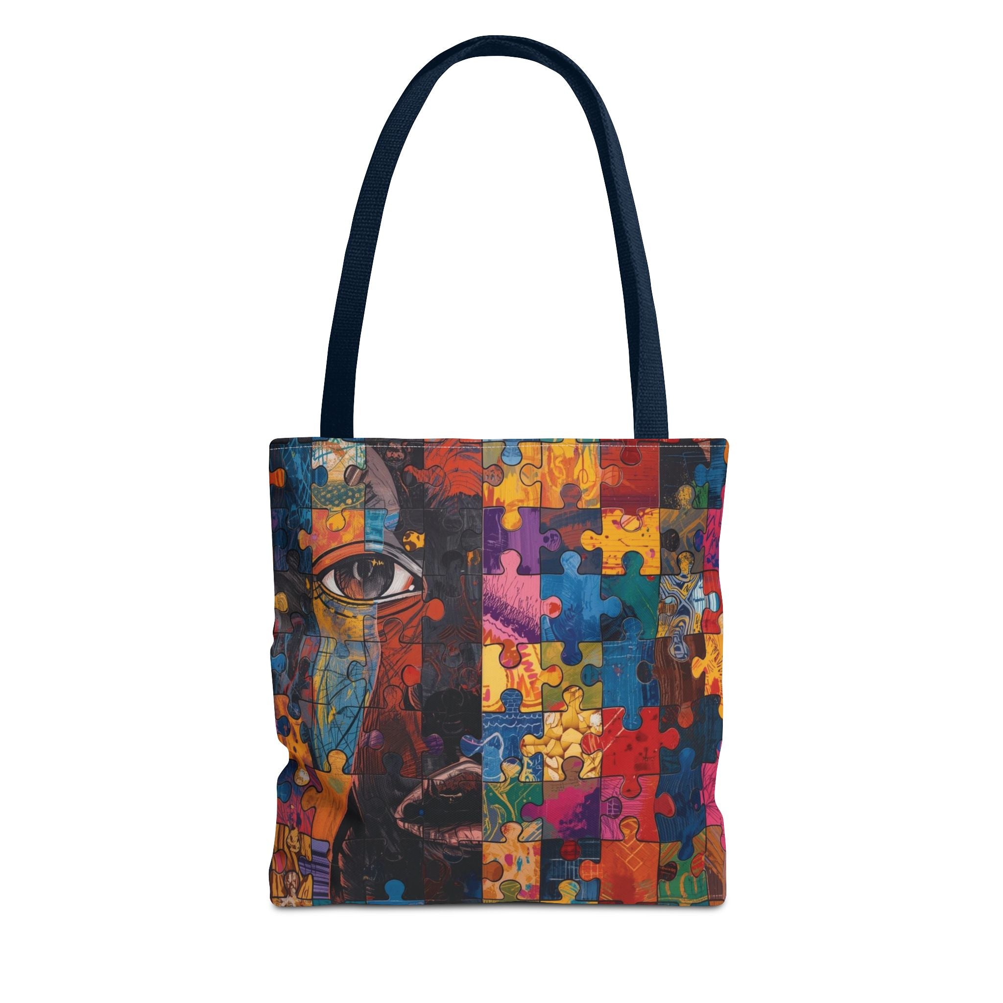 Colorful Puzzle Face Tote Bag — Abstract Art All-Over Print