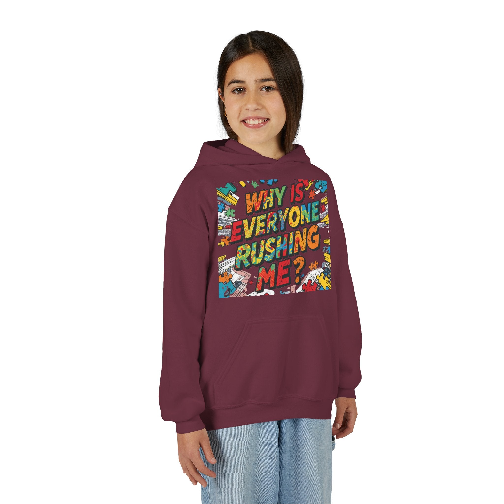 Youth Hoodie — "Why Is Everyone Rushing Me?" Colorful Comic Graphic