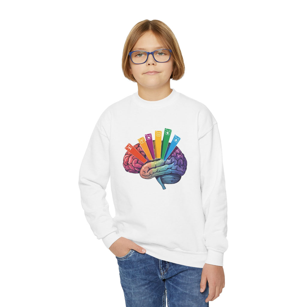Youth Crewneck Sweatshirt — Autism Brain Graphic “Brain running on multiple open tabs”
