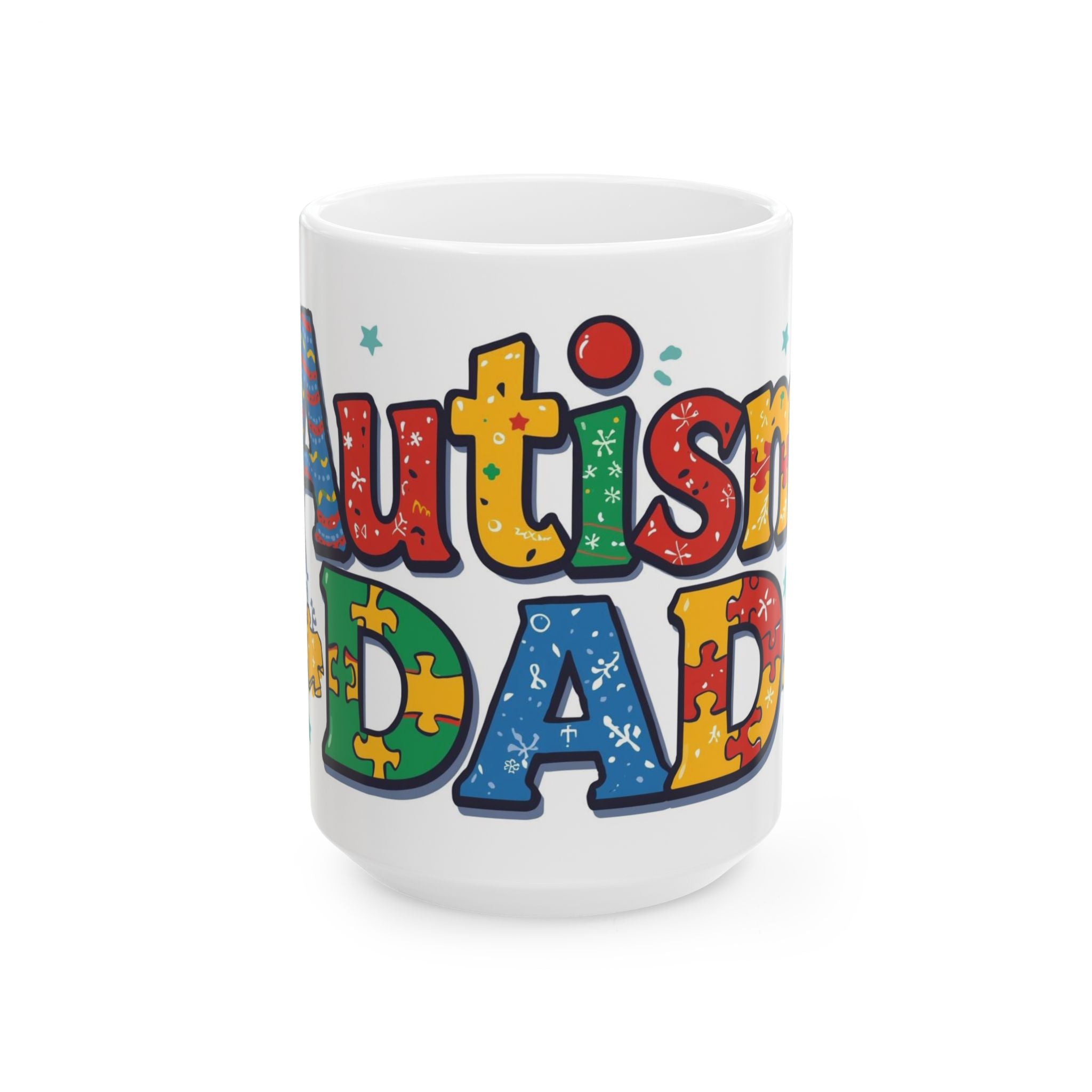 Autism Dad Ceramic Mug — Colorful Puzzle Piece Support Coffee Cup (11oz/15oz)