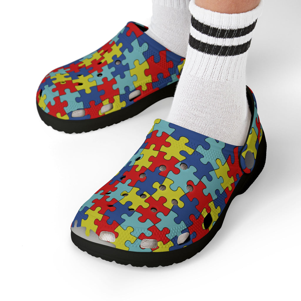 Kids Puzzle Print Foam Clogs — Colorful Autism Awareness Slip-Ons