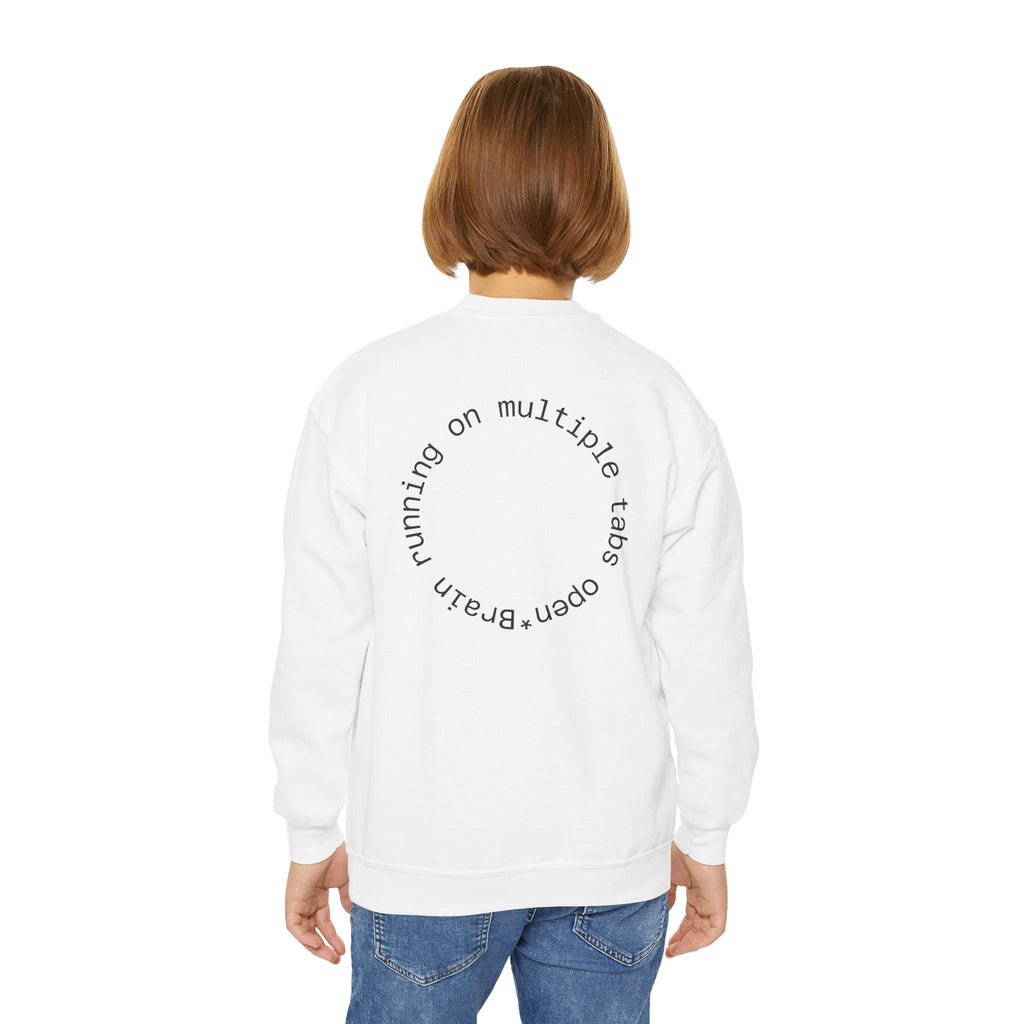 Youth Crewneck Sweatshirt — Autism Brain Graphic “Brain running on multiple open tabs”