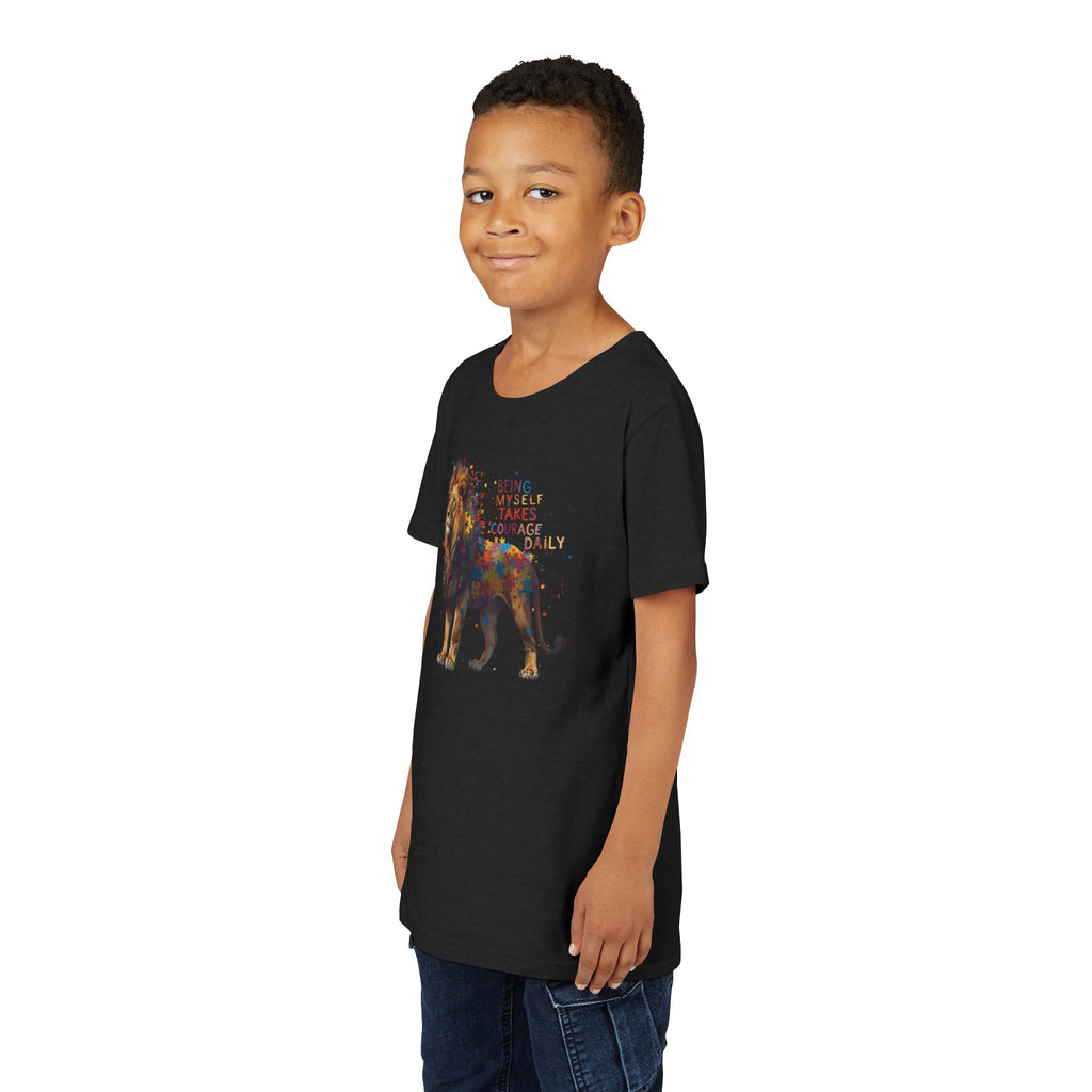 Youth Tee — Colorful Lion "Being Brave Takes Courage" Inspirational Kids Shirt