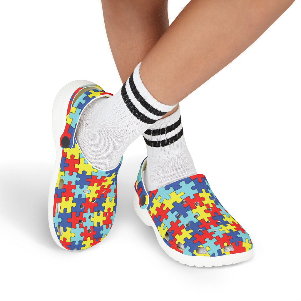 Kids Puzzle Print Foam Clogs — Colorful Autism Awareness Slip-Ons