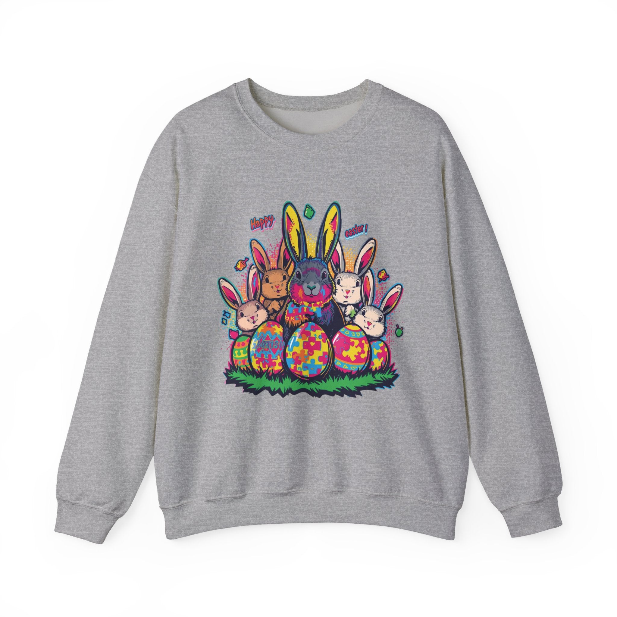 Easter Meets Autism Crewneck Sweatshirt — Colorful Bunnies & Painted Eggs Design