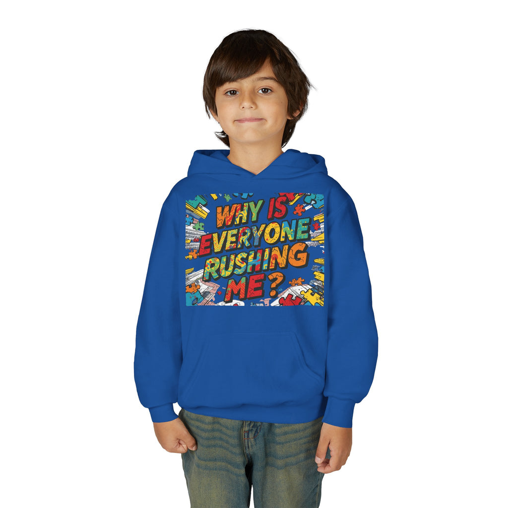 Youth Hoodie — "Why Is Everyone Rushing Me?" Colorful Comic Graphic