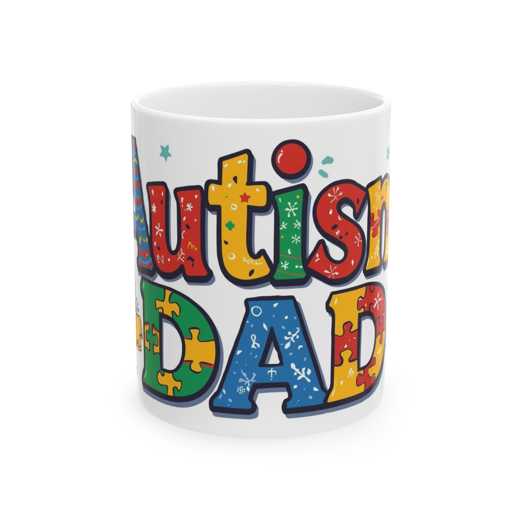 Autism Dad Ceramic Mug — Colorful Puzzle Piece Support Coffee Cup (11oz/15oz)