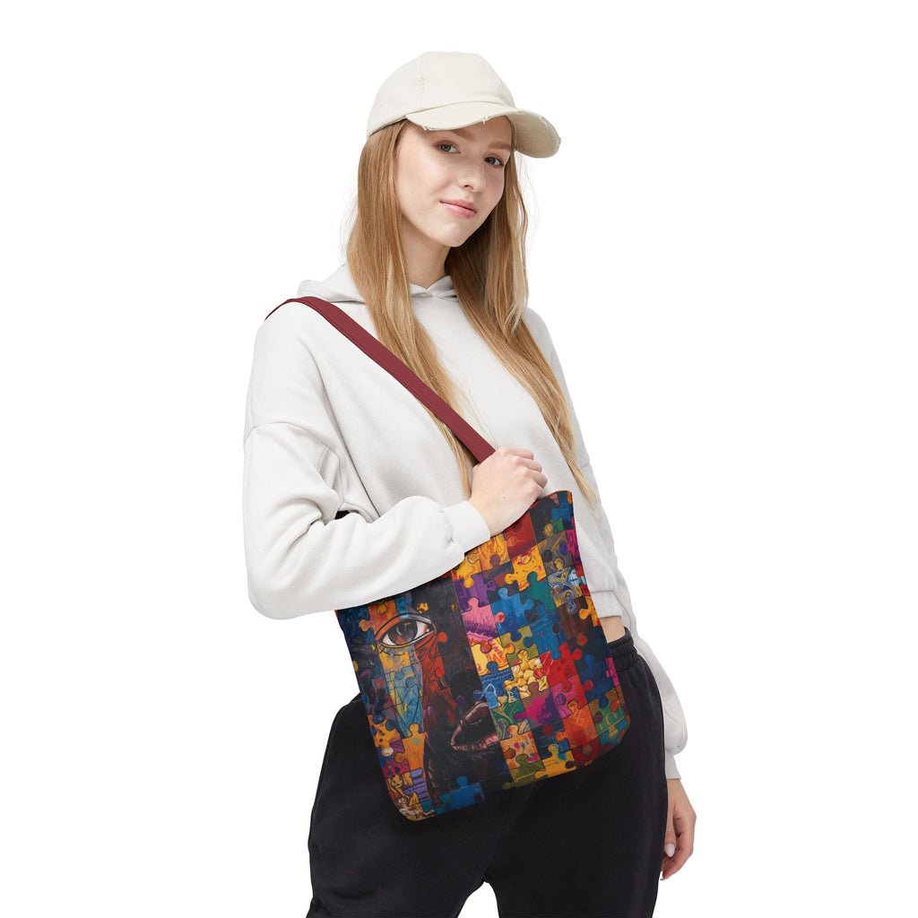 Colorful Puzzle Face Tote Bag — Abstract Art All-Over Print