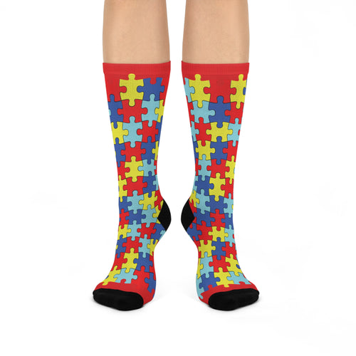 Autism Puzzle Piece Crew Socks — Colorful Awareness Cushioned Socks