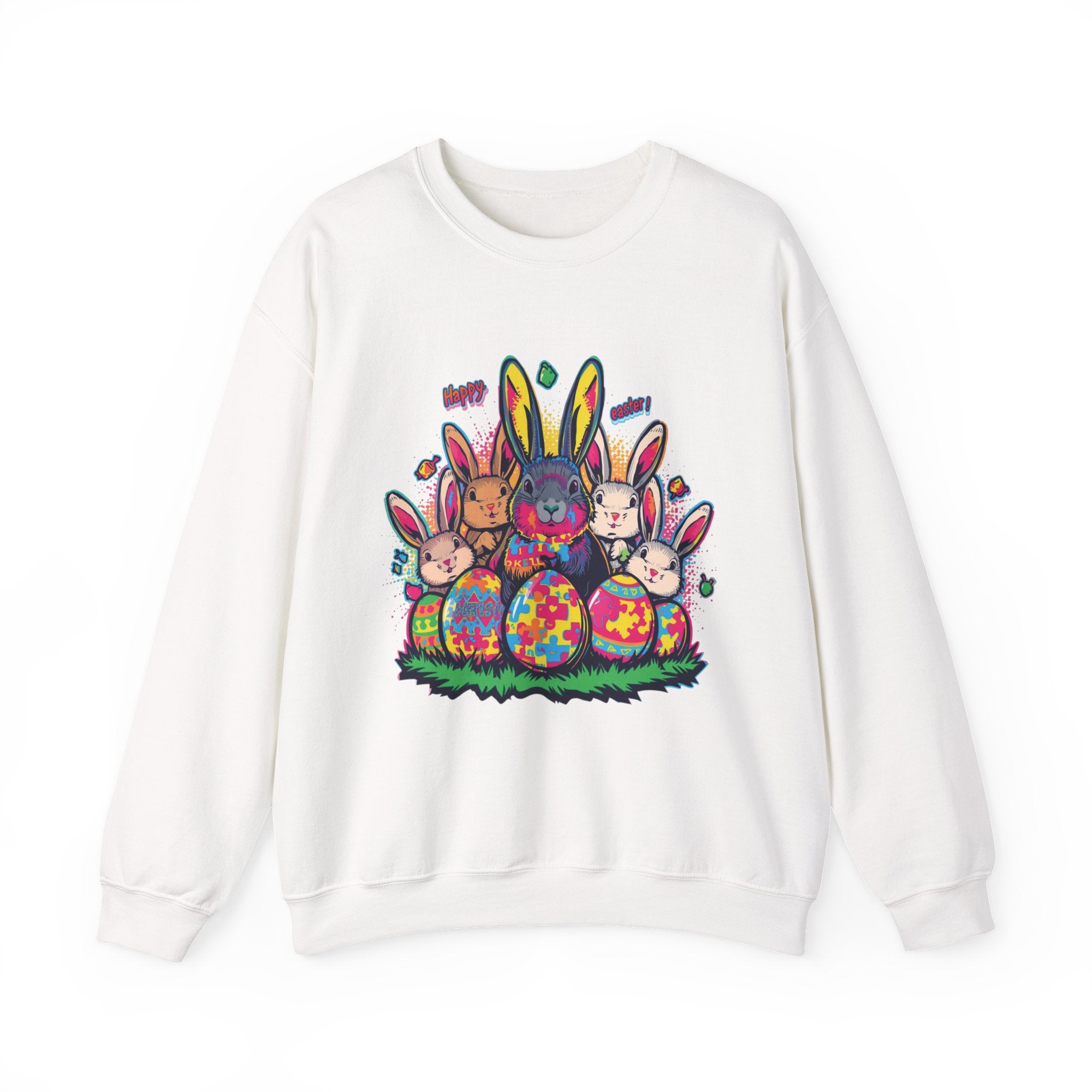 Easter Meets Autism Crewneck Sweatshirt — Colorful Bunnies & Painted Eggs Design