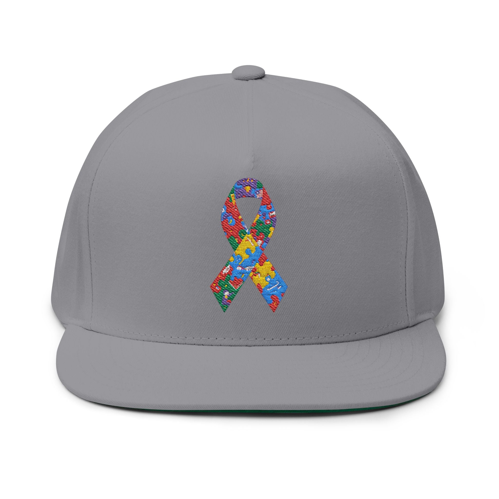 Embroidered Colorful Puzzle Ribbon Snapback Hat — Autism Awareness Flat Bill Cap