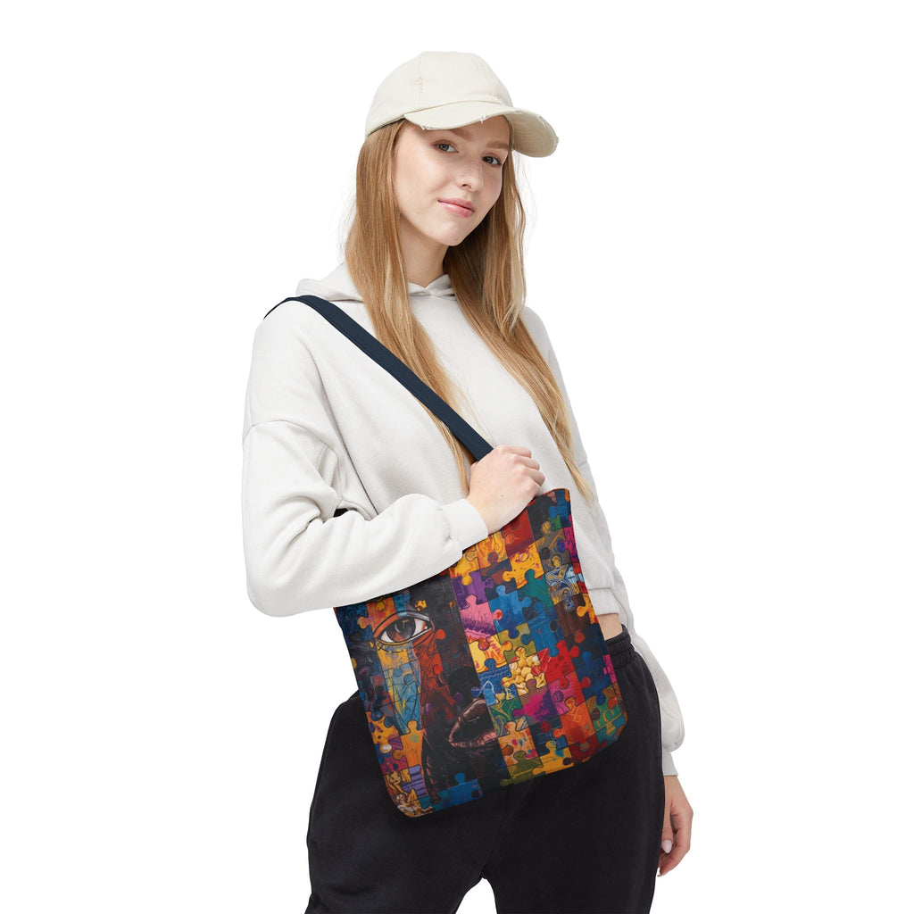 Colorful Puzzle Face Tote Bag — Abstract Art All-Over Print