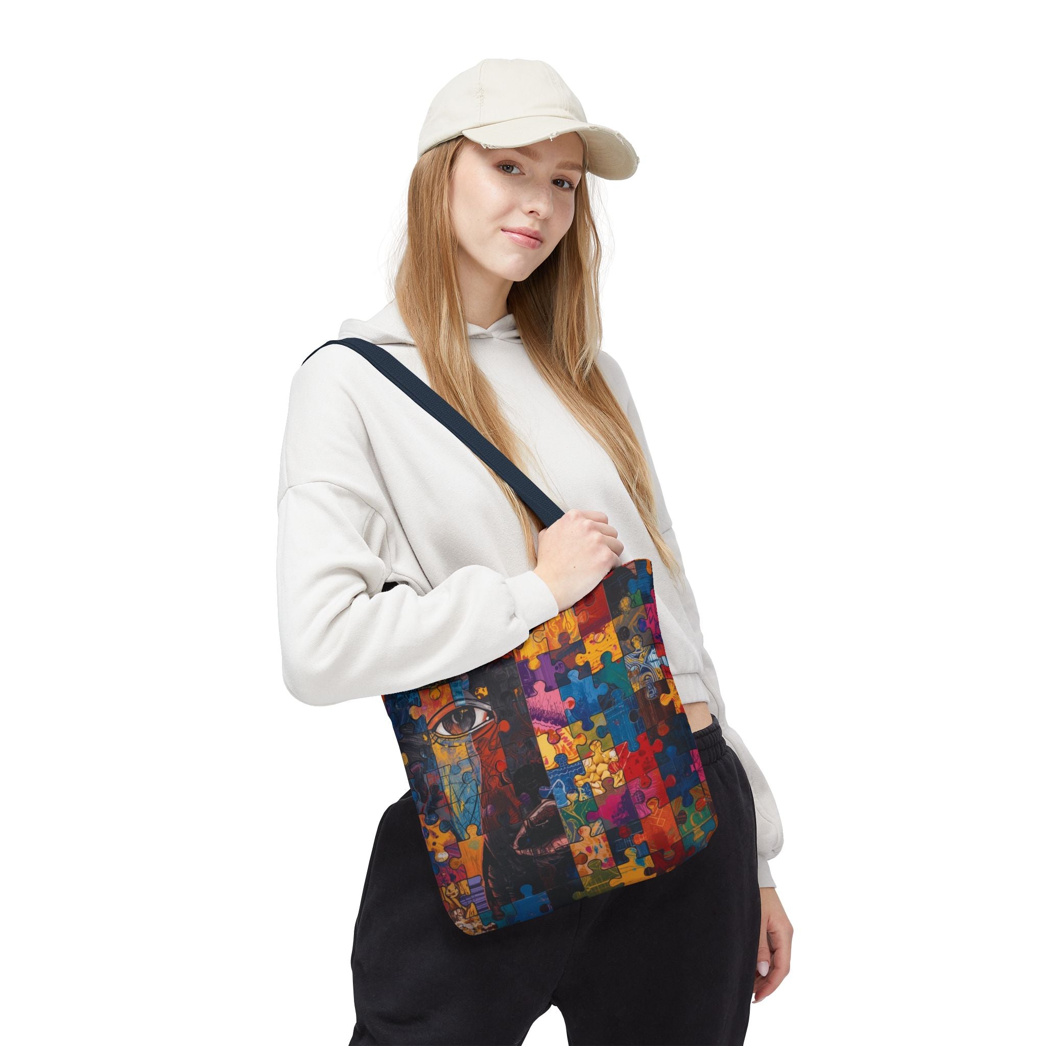 Colorful Puzzle Face Tote Bag — Abstract Art All-Over Print