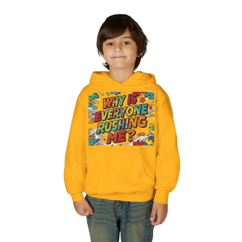 Youth Hoodie — "Why Is Everyone Rushing Me?" Colorful Comic Graphic