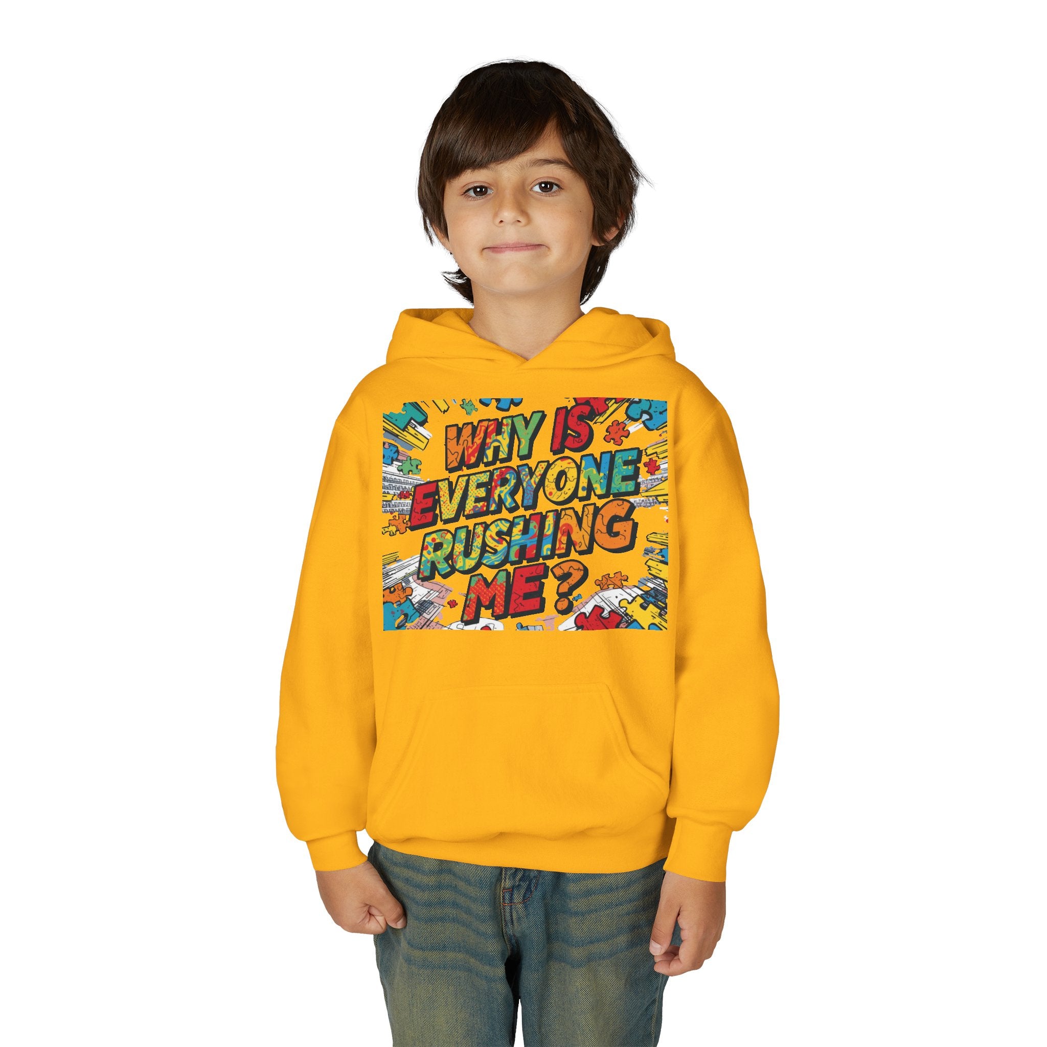 Youth Hoodie — "Why Is Everyone Rushing Me?" Colorful Comic Graphic