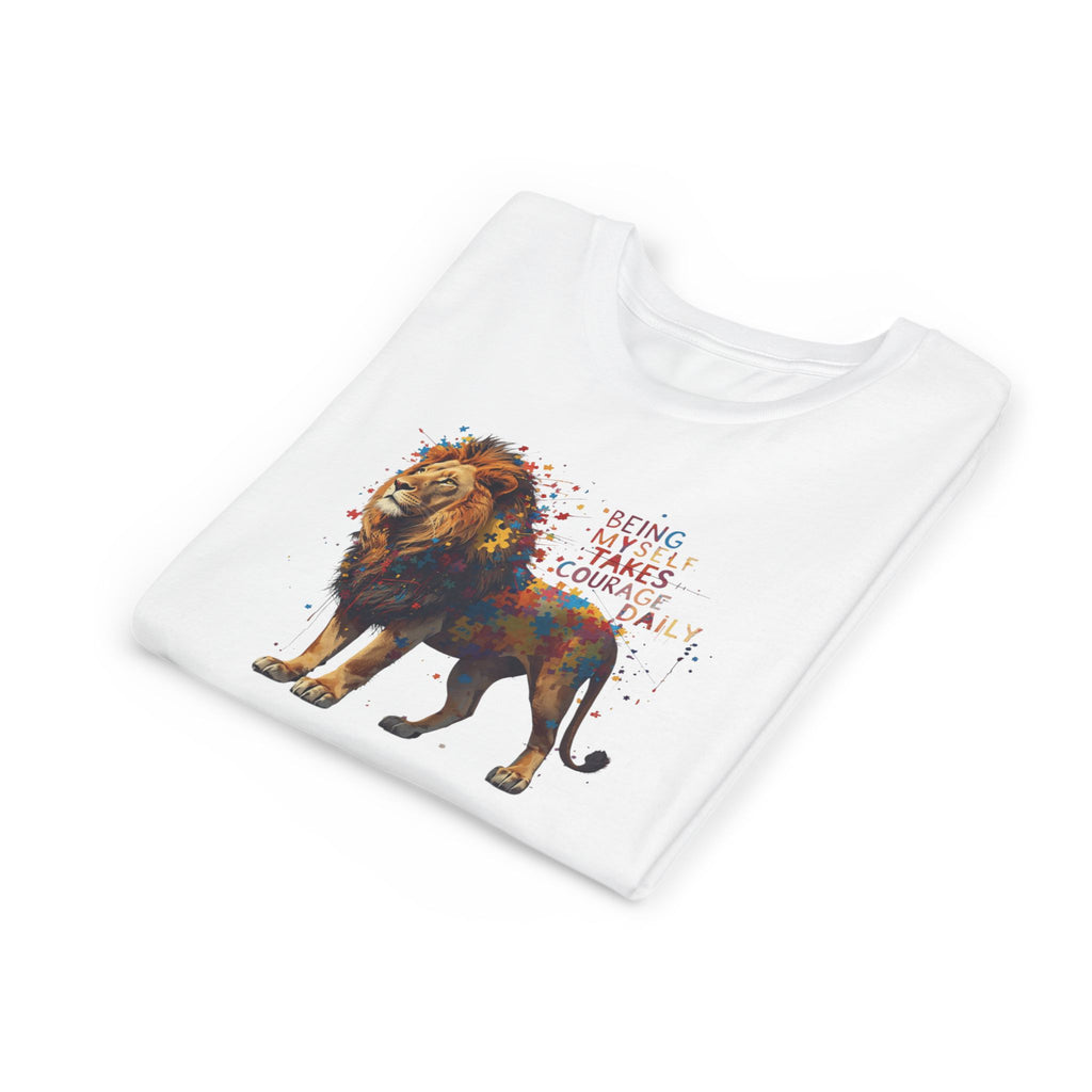 Youth Tee — Colorful Lion "Being Brave Takes Courage" Inspirational Kids Shirt