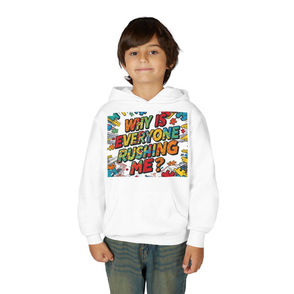 Youth Hoodie — "Why Is Everyone Rushing Me?" Colorful Comic Graphic