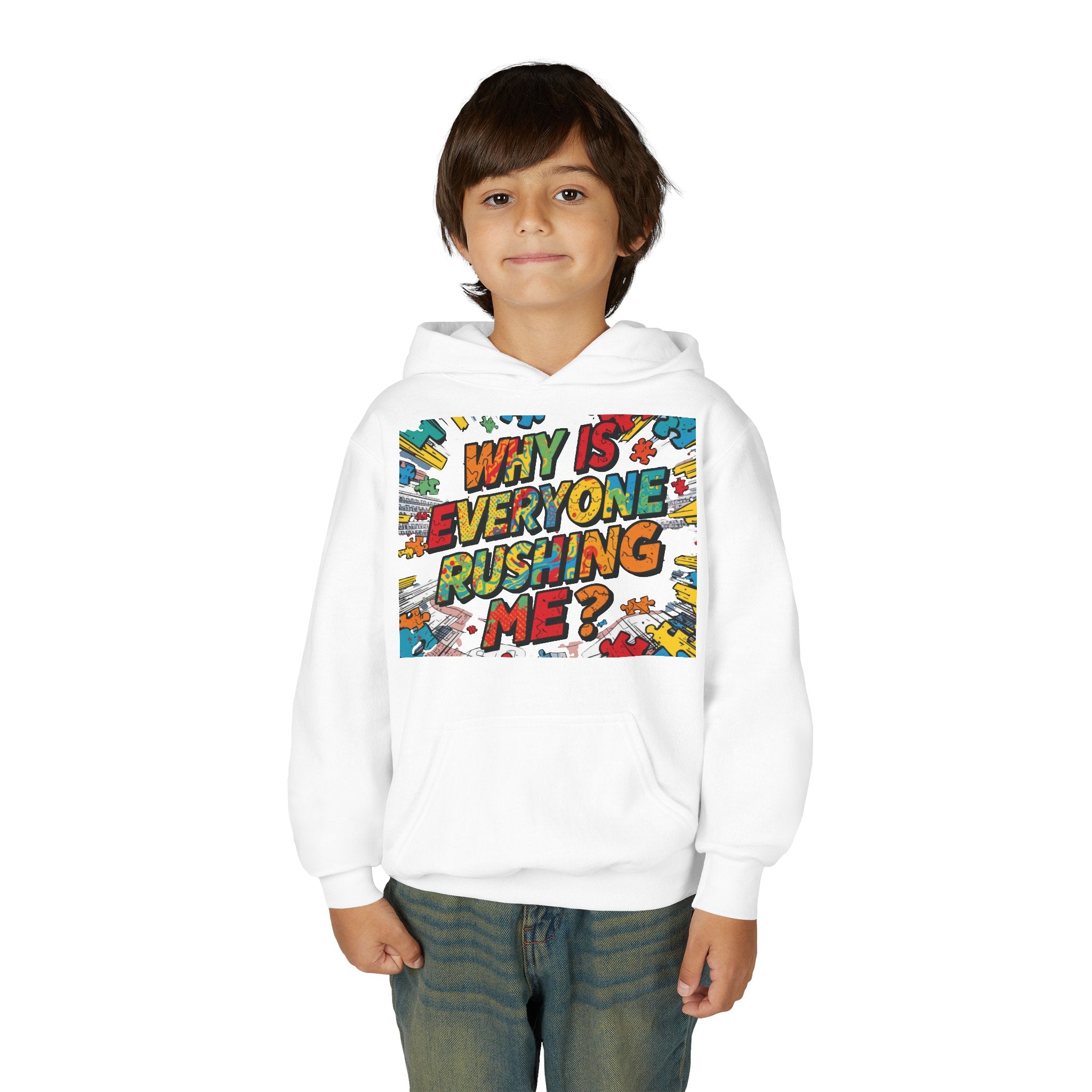 Youth Hoodie — "Why Is Everyone Rushing Me?" Colorful Comic Graphic