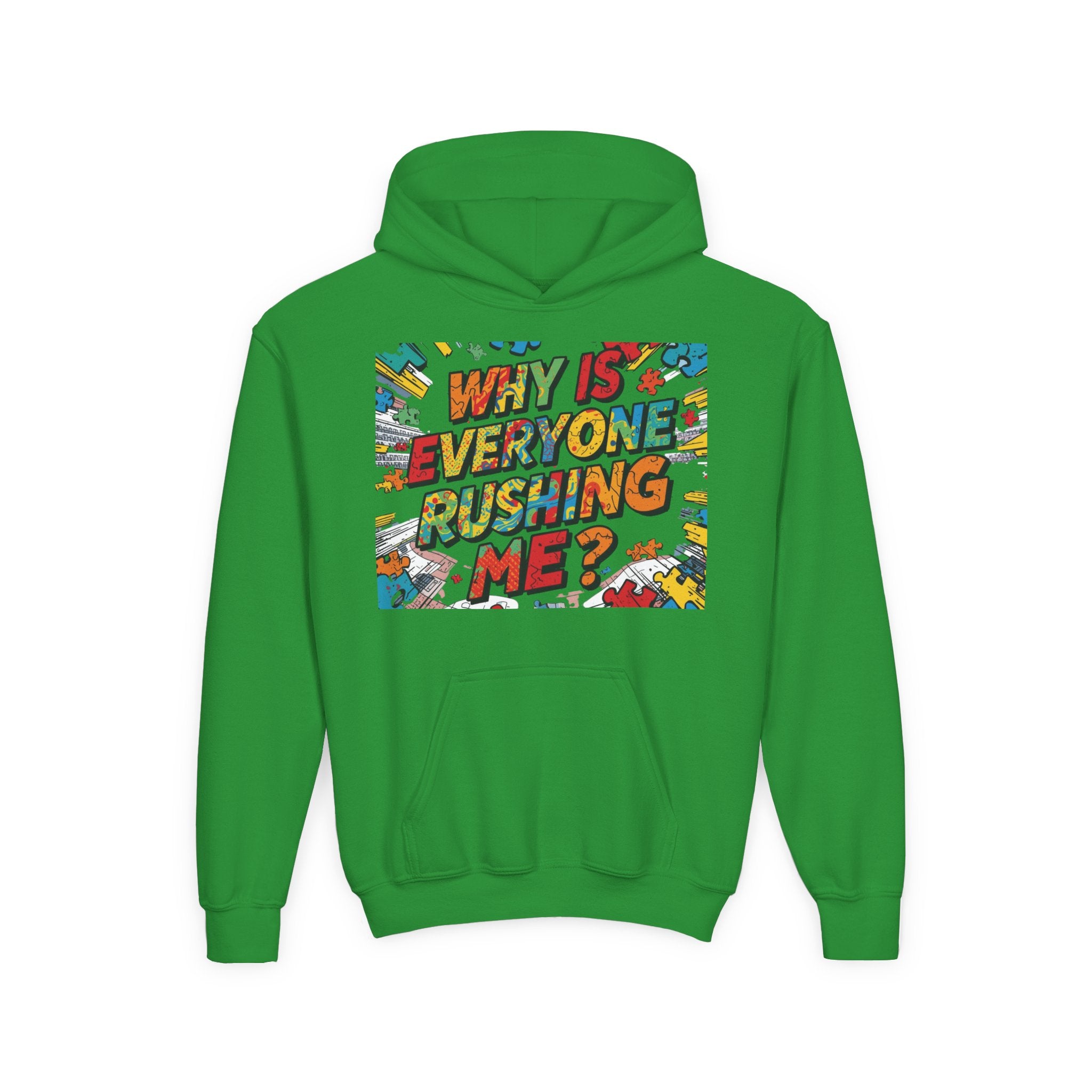 Youth Hoodie — "Why Is Everyone Rushing Me?" Colorful Comic Graphic