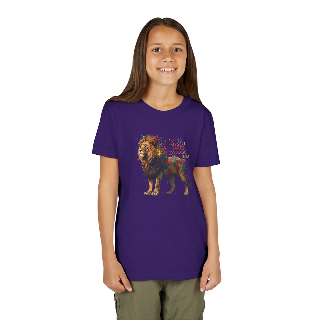 Youth Tee — Colorful Lion "Being Brave Takes Courage" Inspirational Kids Shirt