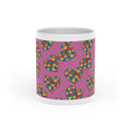 Autism Puzzle Heart Mug — Colorful Love Coffee Cup (Pink Background)