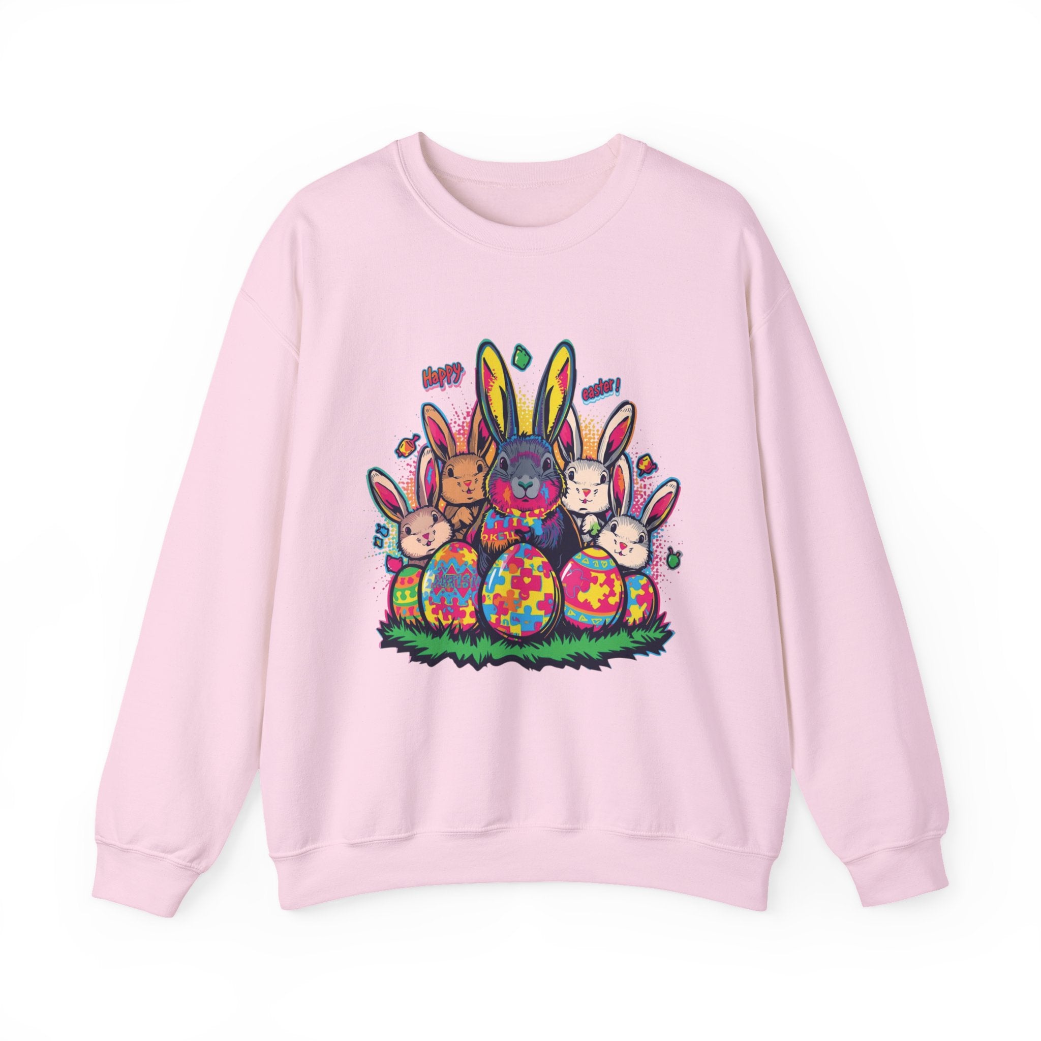 Easter Meets Autism Crewneck Sweatshirt — Colorful Bunnies & Painted Eggs Design