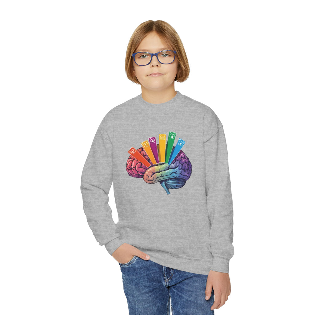 Youth Crewneck Sweatshirt — Autism Brain Graphic “Brain running on multiple open tabs”