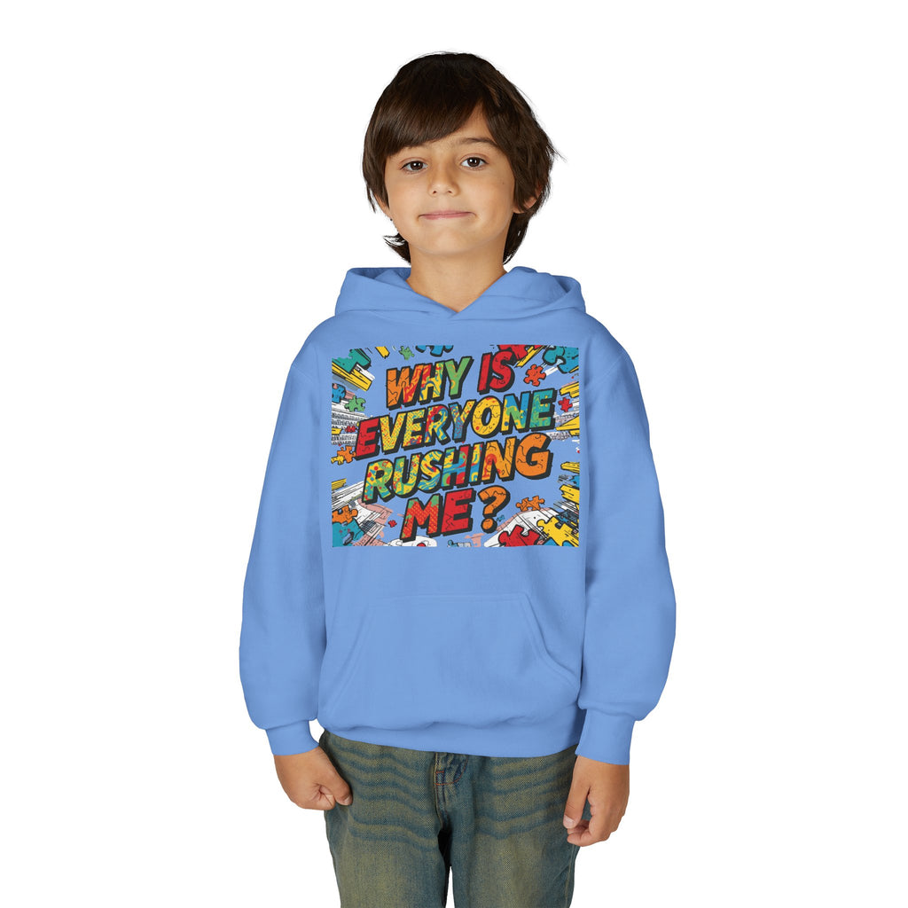 Youth Hoodie — "Why Is Everyone Rushing Me?" Colorful Comic Graphic