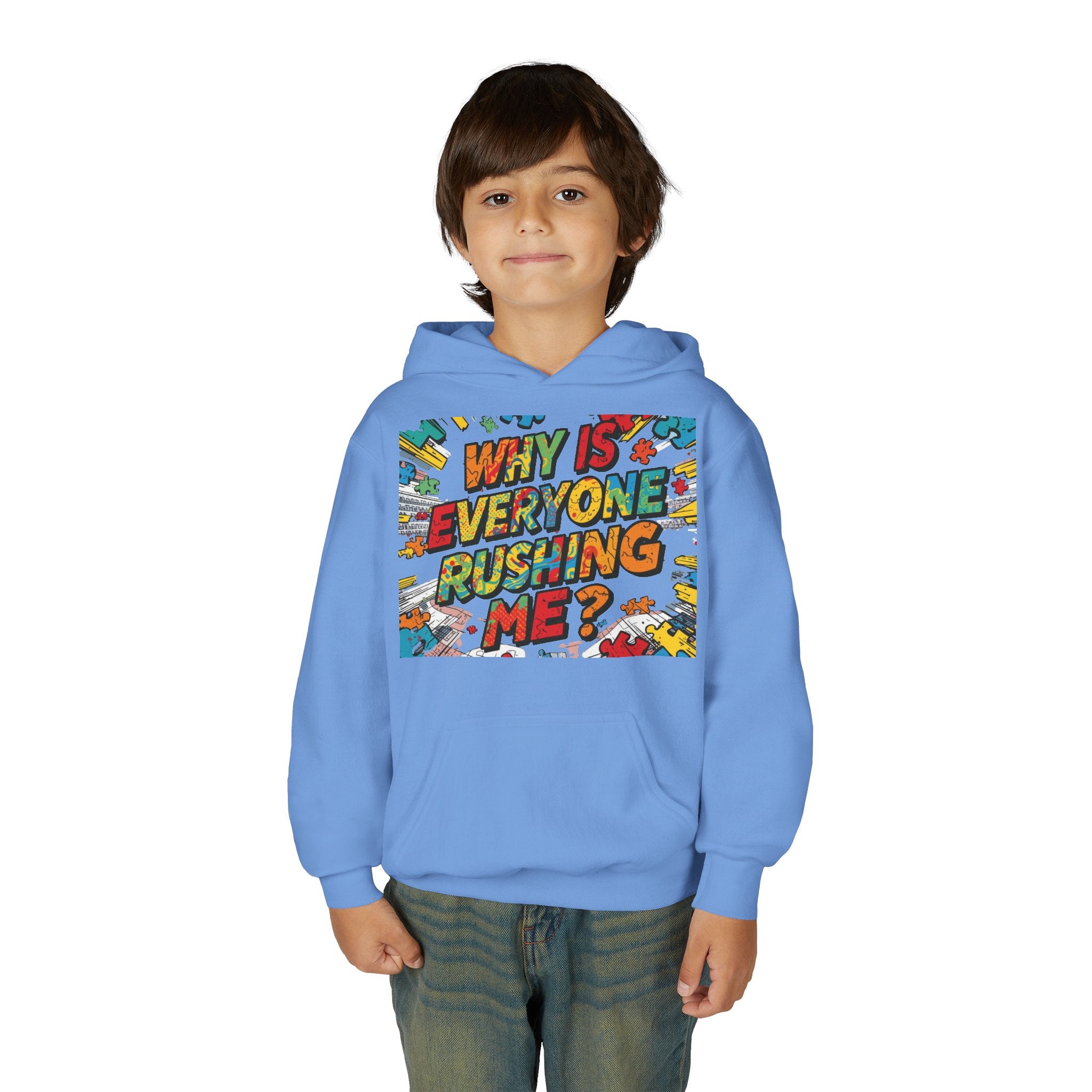 Youth Hoodie — "Why Is Everyone Rushing Me?" Colorful Comic Graphic