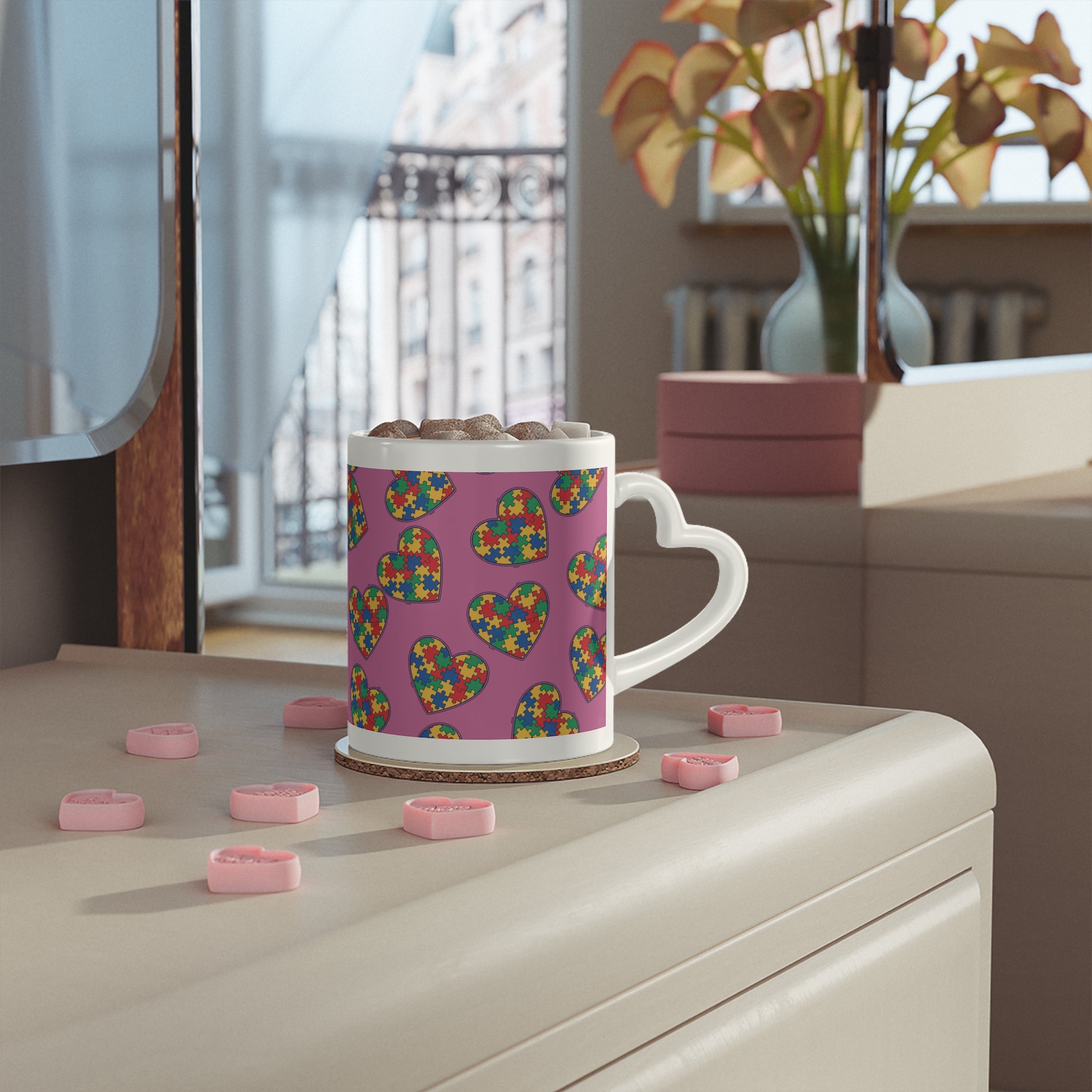 Autism Puzzle Heart Mug — Colorful Love Coffee Cup (Pink Background)