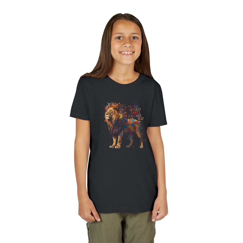 Youth Tee — Colorful Lion "Being Brave Takes Courage" Inspirational Kids Shirt