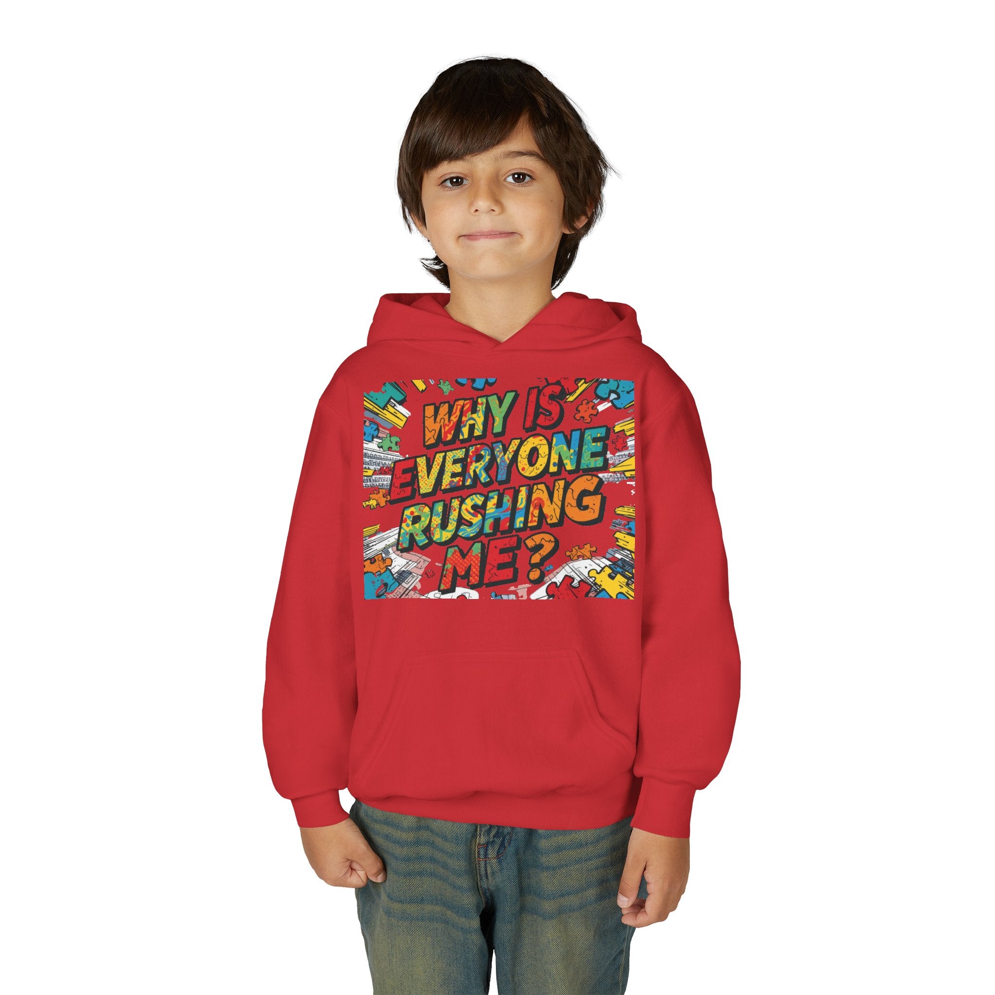Youth Hoodie — "Why Is Everyone Rushing Me?" Colorful Comic Graphic
