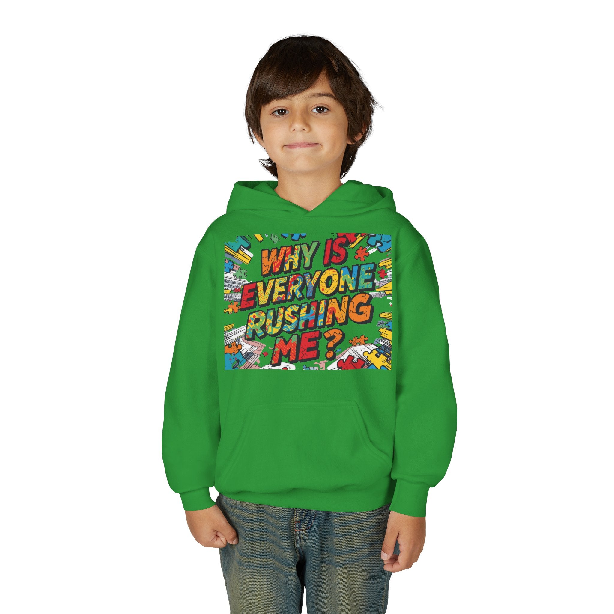 Youth Hoodie — "Why Is Everyone Rushing Me?" Colorful Comic Graphic