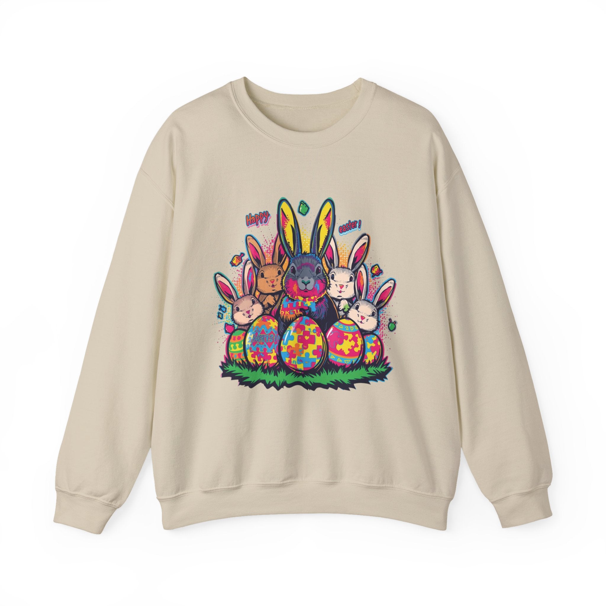 Easter Meets Autism Crewneck Sweatshirt — Colorful Bunnies & Painted Eggs Design