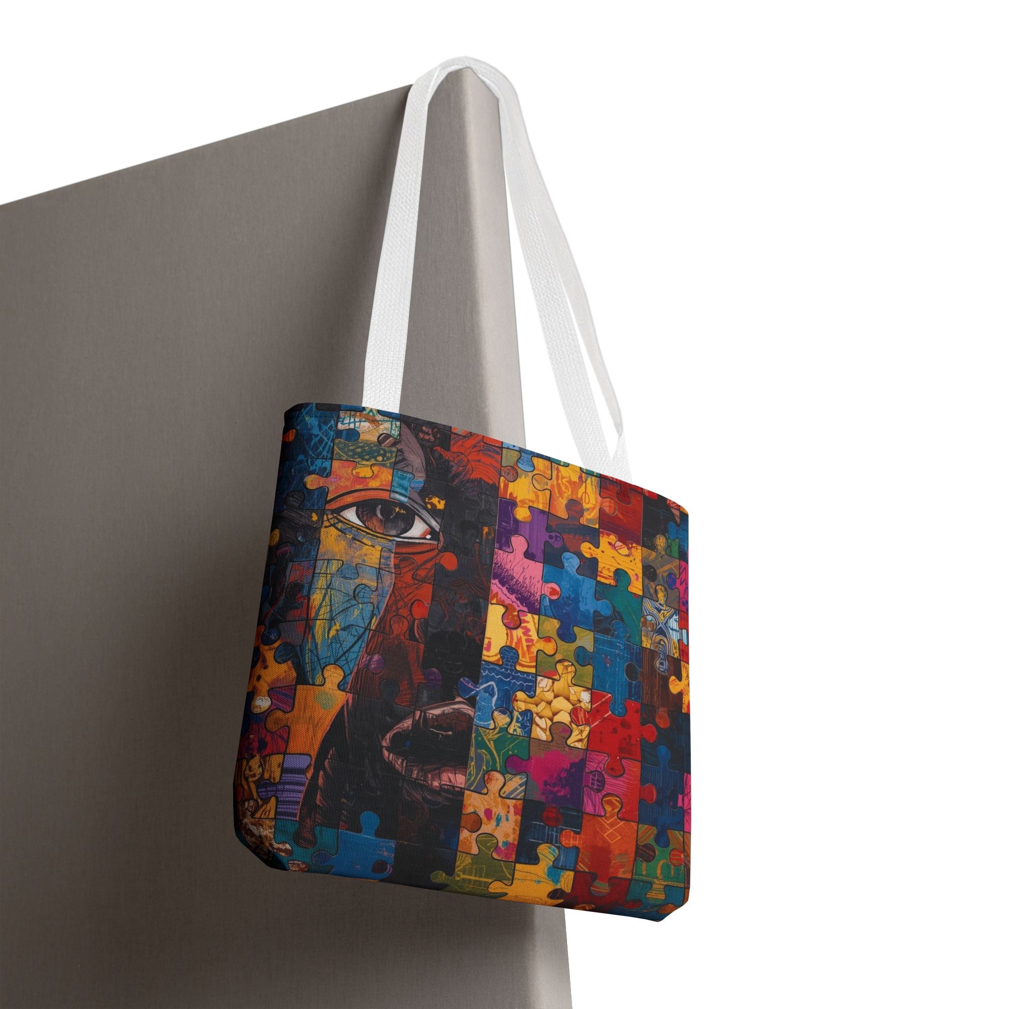 Colorful Puzzle Face Tote Bag — Abstract Art All-Over Print