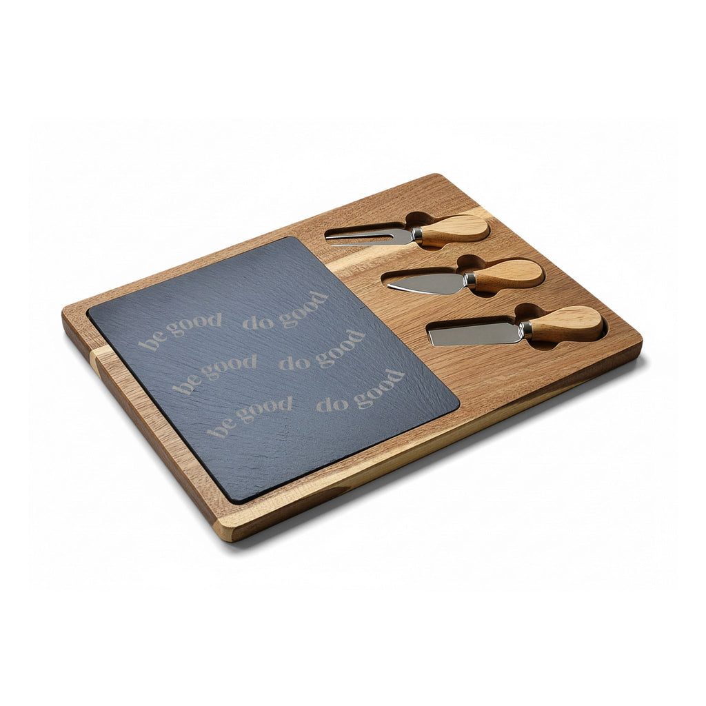 Engraved Charcuterie Board with Slate Round — "Be Good, Do Good"